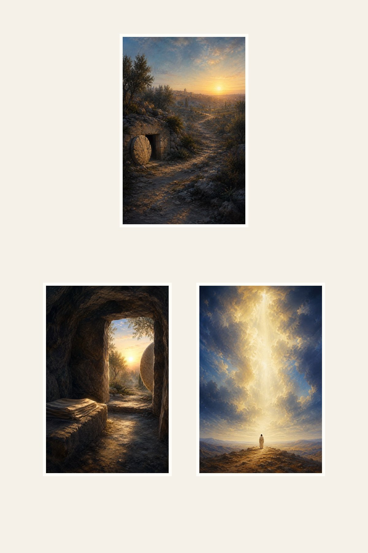 Clean gallery view of all 3 textless Resurrection and Victory Christian artworks included in Resurrection Dawn Jesus Art Set of 3: He Is Risen, Empty Tomb at Sunrise, Risen Jesus in Heavenly Light.