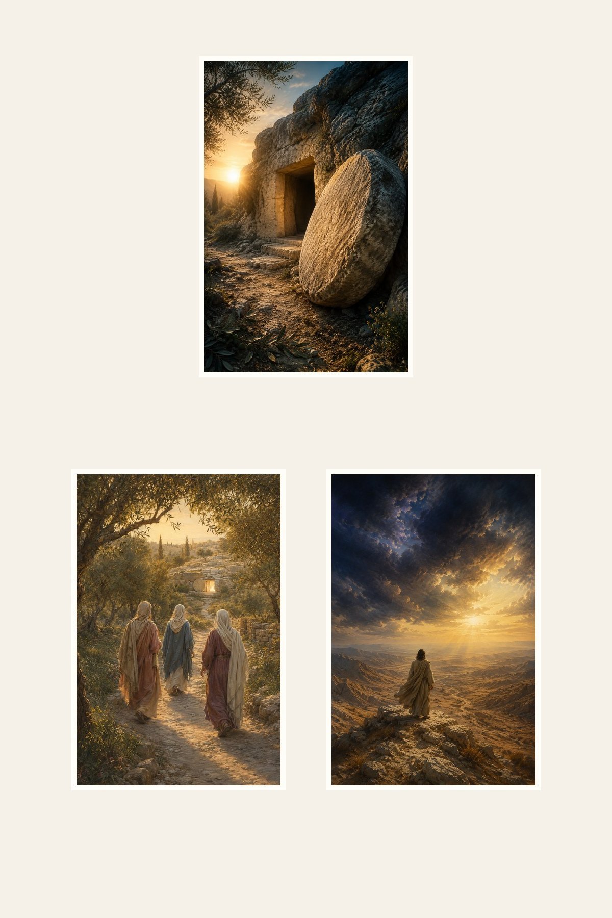 Clean gallery view of all 3 textless Resurrection and Victory Christian artworks included in Stone Rolled Away Victory Set of 3: The Stone Rolled Away, Resurrection Morning, Jesus Victorious.