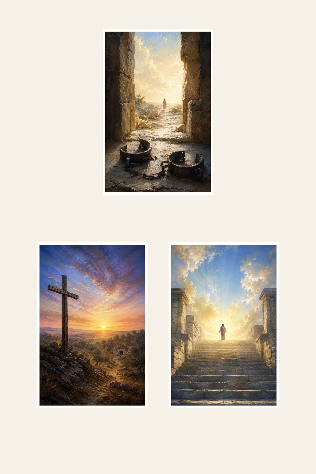 Clean gallery view of all 3 textless Resurrection and Victory Christian artworks included in Death Defeated Risen King Set of 3: Death Could Not Hold Him, The Cross and Empty Tomb, King Jesus Risen Lord.