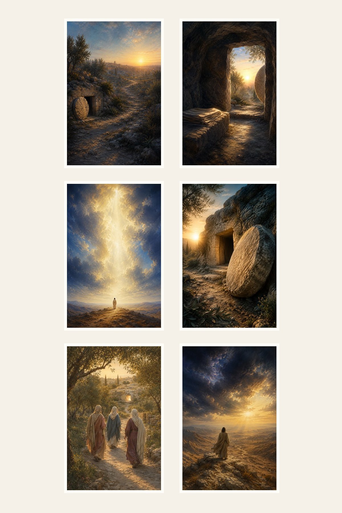Clean gallery view of all 6 textless Resurrection and Victory Christian artworks included in Resurrection and Victory Jesus Collection Set of 6: He Is Risen, Empty Tomb at Sunrise, Risen Jesus in Heavenly Light, The Stone Rolled Away, Resurrection Morning, Jesus Victorious.