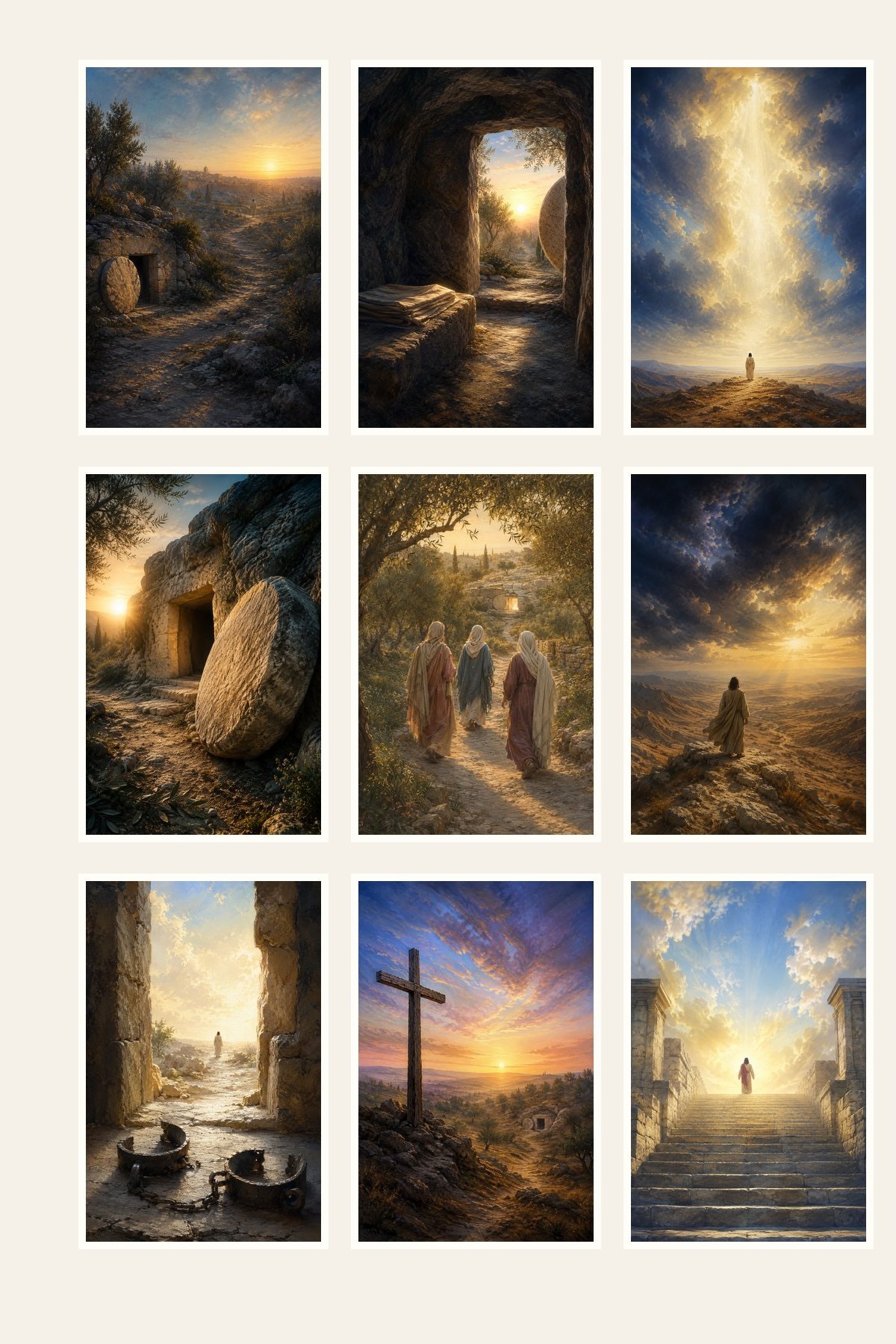 Clean gallery view of all 9 textless Resurrection and Victory Christian artworks included in Resurrection and Victory Complete Set of 9: He Is Risen, Empty Tomb at Sunrise, Risen Jesus in Heavenly Light, The Stone Rolled Away, Resurrection Morning, Jesus Victorious, Death Could Not Hold Him, The Cross and Empty Tomb, King Jesus Risen Lord.