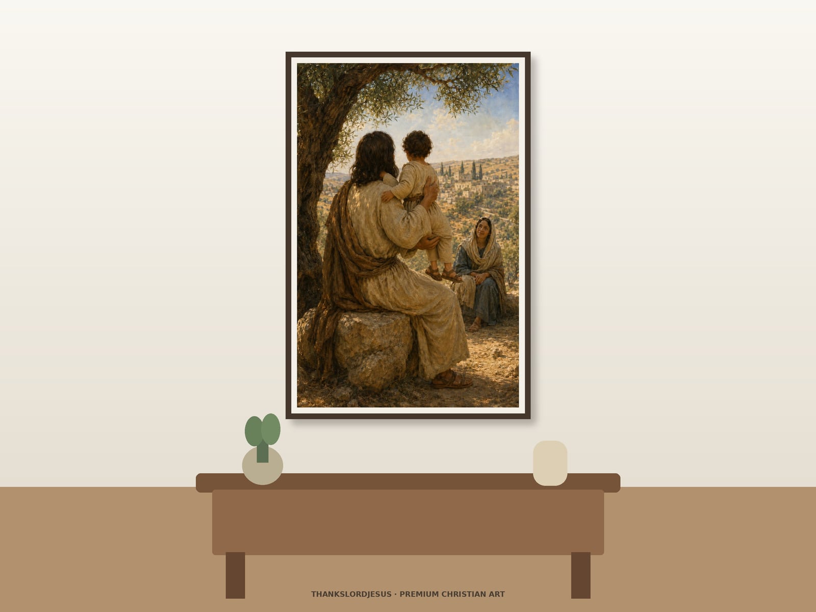 Jesus Holding a Child — Jesus With Children Art Clean airy hero mockup displaying Jesus Holding a Child as a large framed print; rear three-quarter Jesus, securely supported child, nearby mother, ancient olive tree, and sunlit Judean hills are clearly visible.