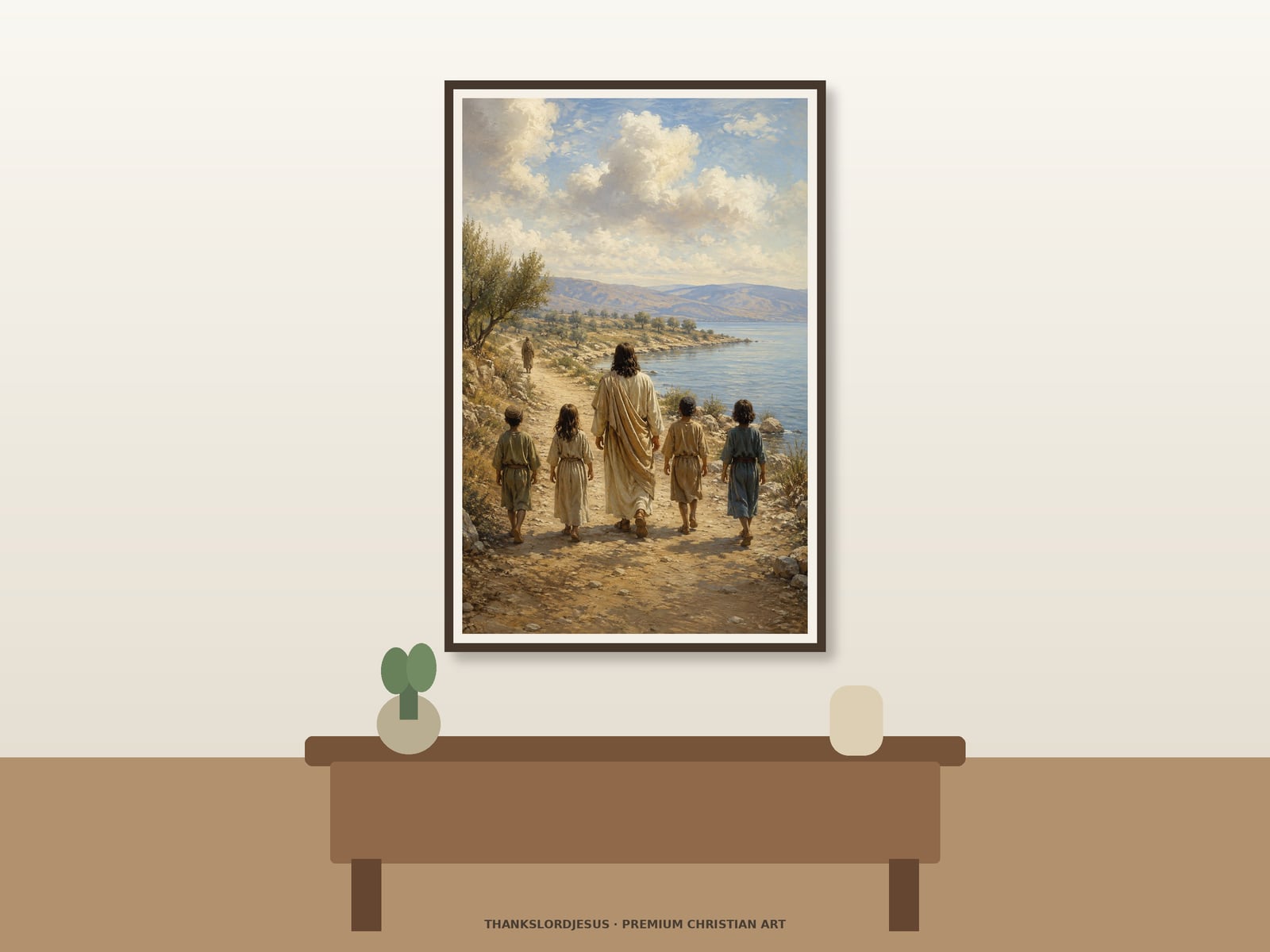 Jesus Walking with Children — Jesus With Children Art Clean airy hero mockup displaying Jesus Walking With Children as a large framed print; rear-view Jesus and children, winding lakeside path, calm water, muted blue hills, and soft morning sky are clearly visible.