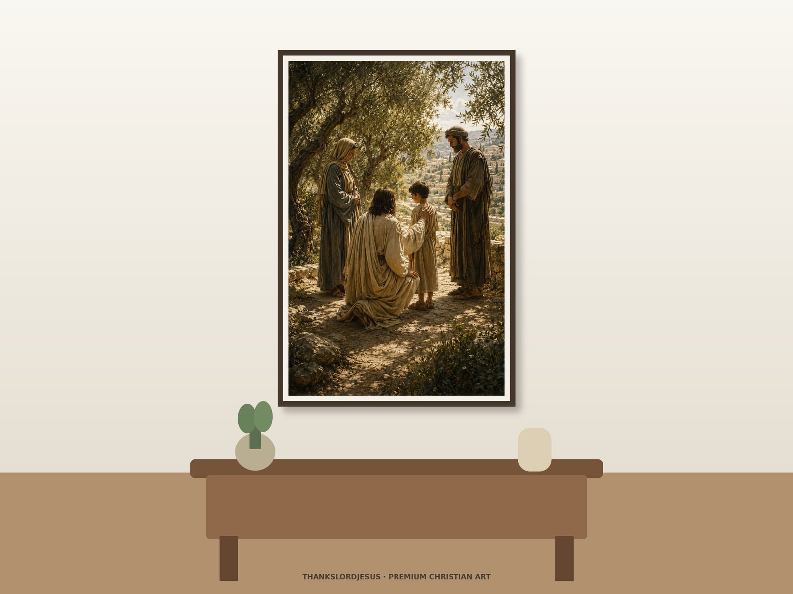 Jesus Blessing a Child — Jesus With Children Art Clean airy hero mockup displaying Jesus Blessing a Child as a large framed print; kneeling rear-view Jesus, standing child, both parents, quiet olive grove, and filtered golden light are clearly visible.