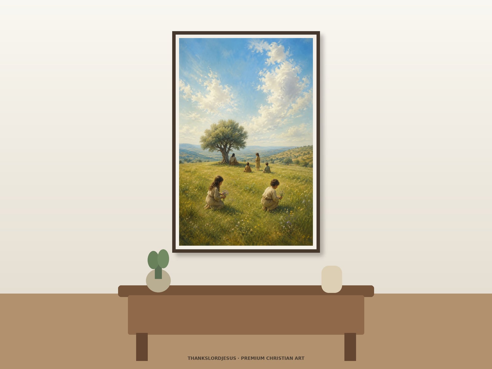 Jesus with Children in a Meadow — Jesus With Children Art Clean airy hero mockup displaying Jesus With Children in a Meadow as a large framed print; distant seated Jesus, children among wildflowers, lone olive tree, broad meadow, and luminous sky are clearly visible.