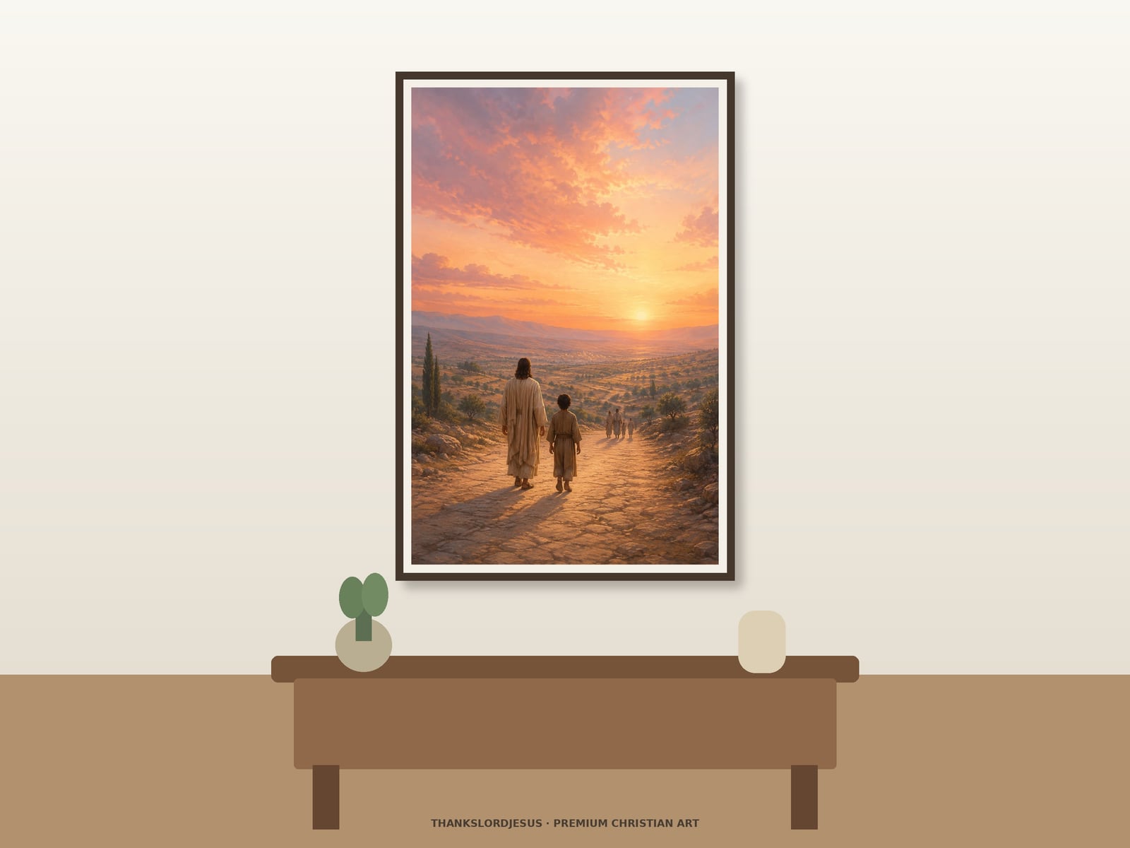 Jesus and Child at Sunset — Jesus With Children Art Clean airy hero mockup displaying Jesus and Child at Sunset as a large framed print; small rear-view Jesus and child, broad safe ridge path, distant family, rose-gold sunset, and muted mountains are clearly visible.