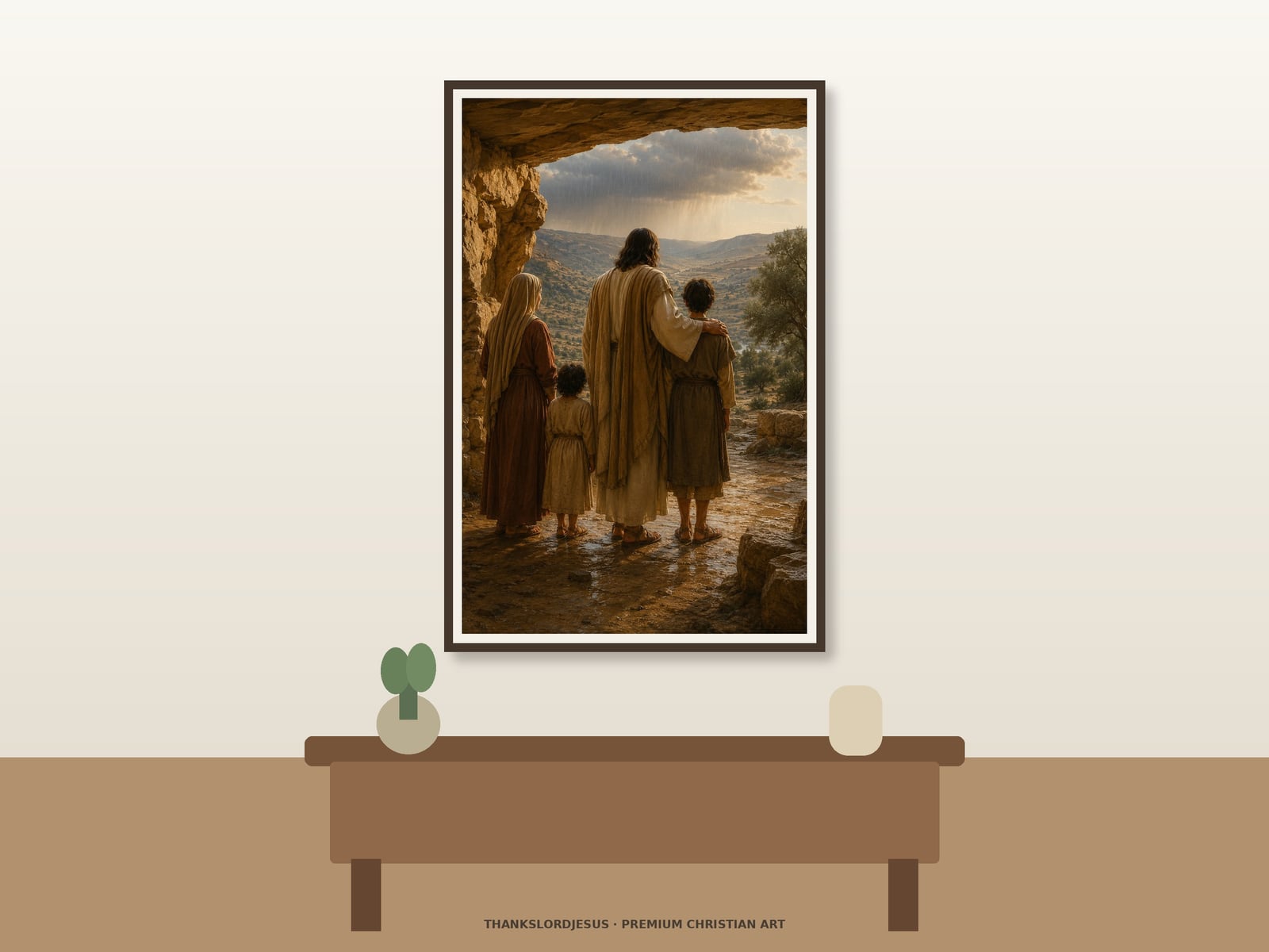 Safe in His Arms — Jesus With Children Art Clean airy hero mockup displaying Safe in His Arms as a large framed print; rear-view Jesus, safely gathered children and family, warm limestone shelter, and muted blue rain beyond are clearly visible.