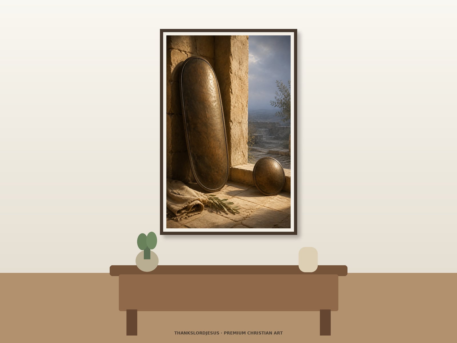 Shield and Buckler — Psalm 91 Wall Art Clean airy hero mockup displaying Shield and Buckler as a large framed print; the separate bronze shield and round buckler, warm limestone threshold, folded linen, olive branch, and quiet exterior are visible.