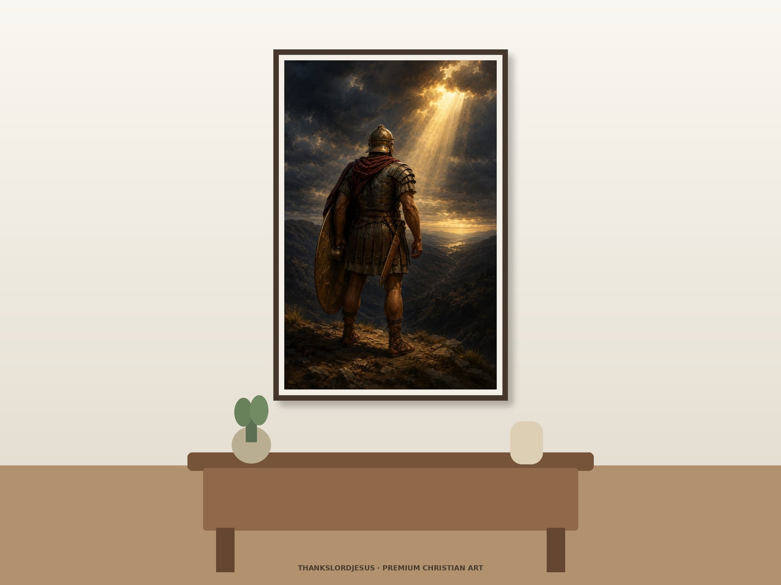 Clean airy hero mockup for Full Armor of God; the large framed art shows rear-view armored warrior on a high ridge, round shield, sheathed sword, dark valley, and golden light breaking through storm clouds.