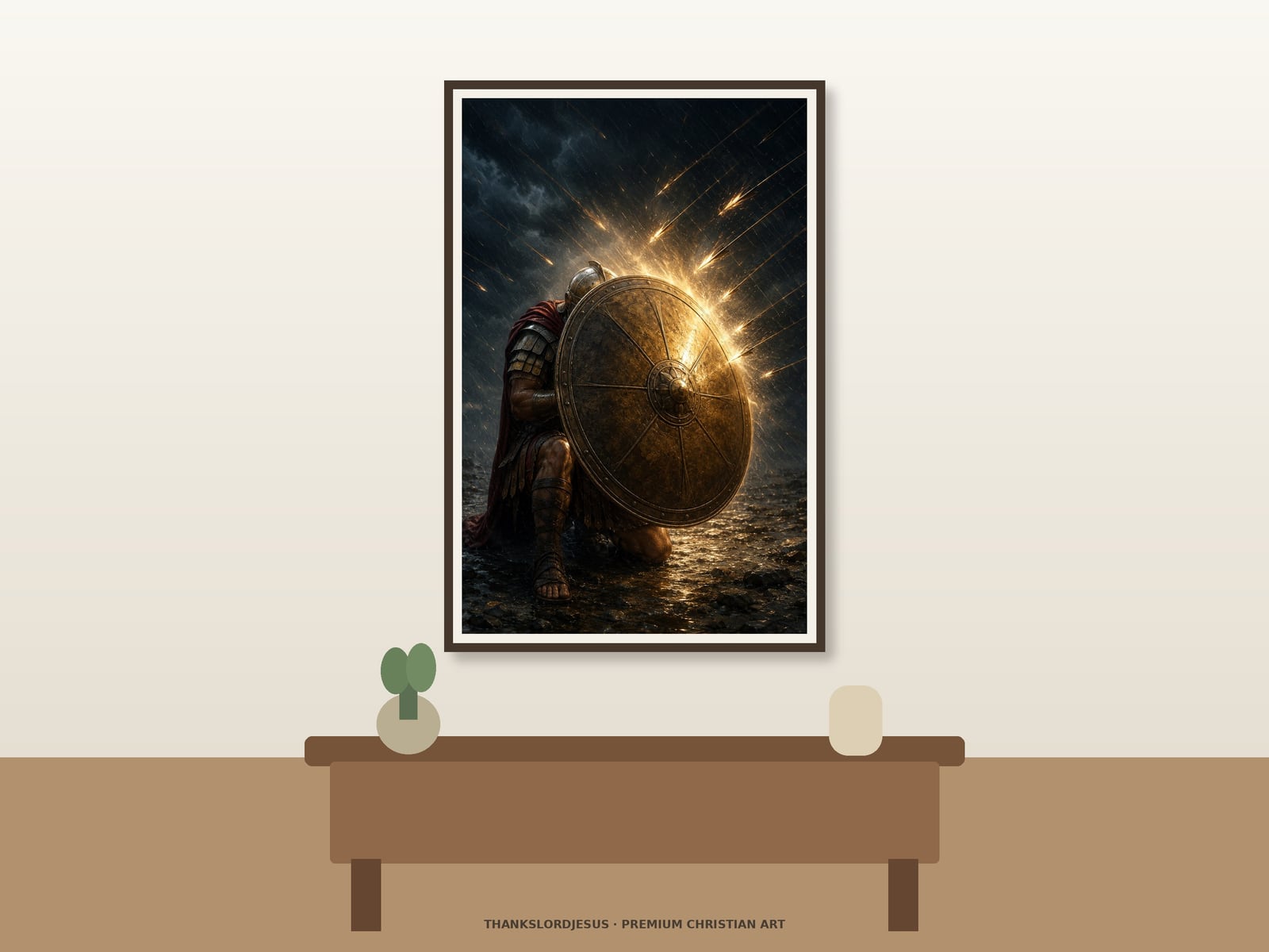 Clean airy hero mockup for Shield of Faith; the large framed art shows kneeling helmeted warrior behind a dominant round bronze shield as fiery arrows meet golden light in a dark storm.