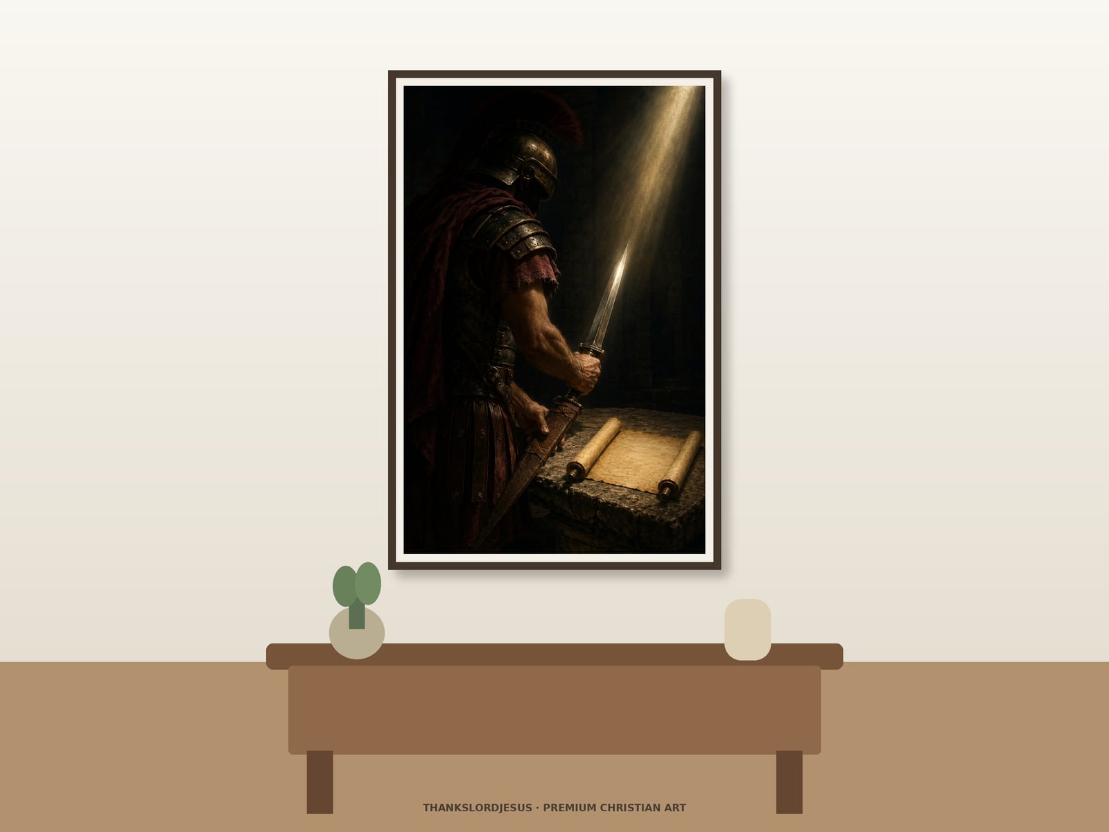 Clean airy hero mockup for Sword of the Spirit; the large framed art shows shadowed helmeted warrior drawing an iron sword beside open unlettered scrolls under a focused shaft of warm light.