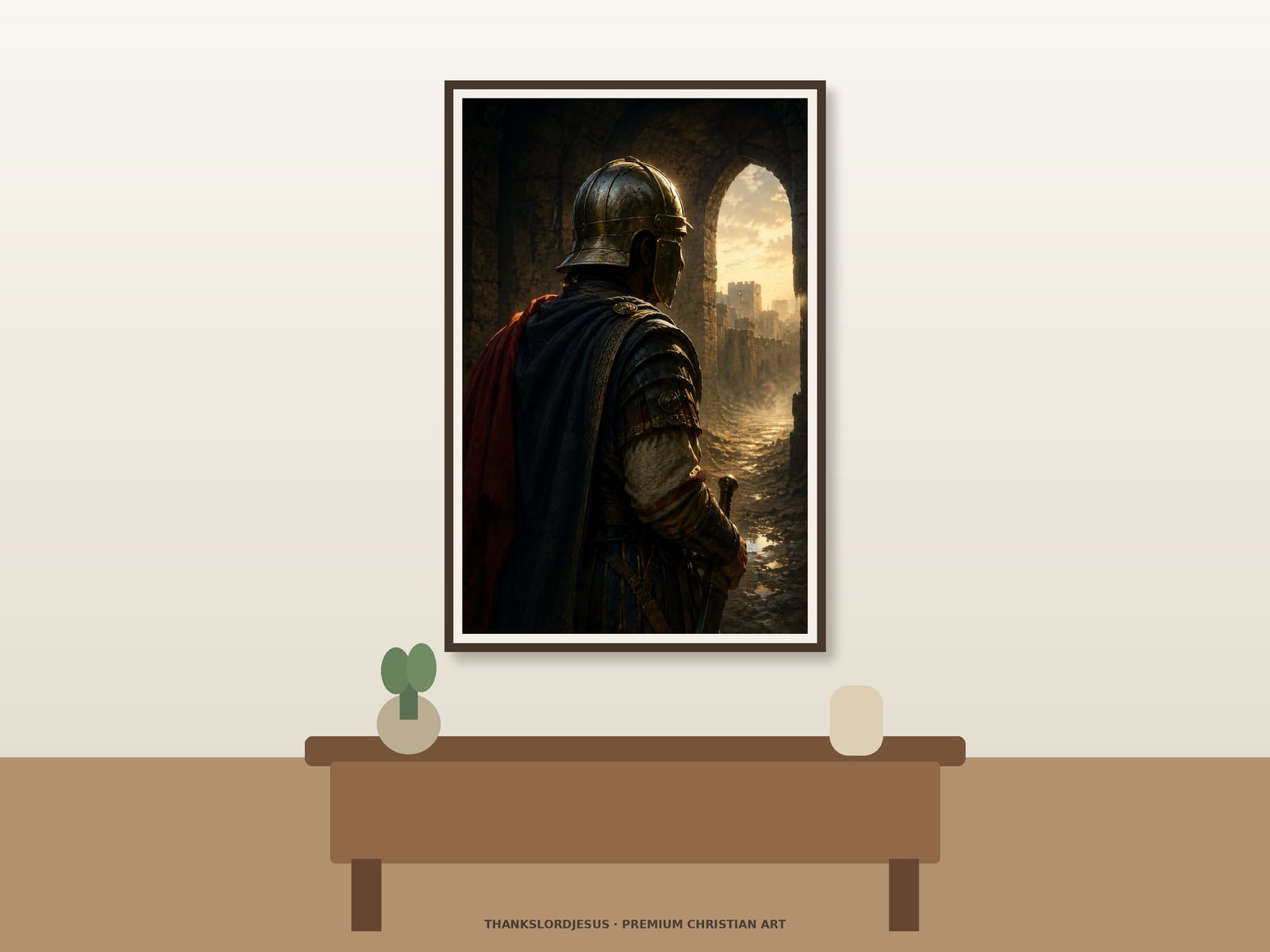 Clean airy hero mockup for Helmet of Salvation; the large framed art shows helmeted warrior in shadowed profile at a stone city gate with reflective water, distant towers, and pale dawn beyond the arch.