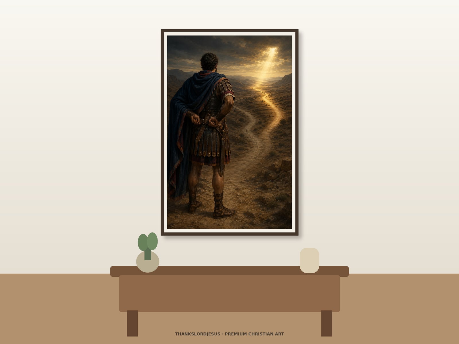 Clean airy hero mockup for Belt of Truth; the large framed art shows rear-view warrior tightening a leather belt while facing a long winding desert road illuminated beneath a break in storm clouds.