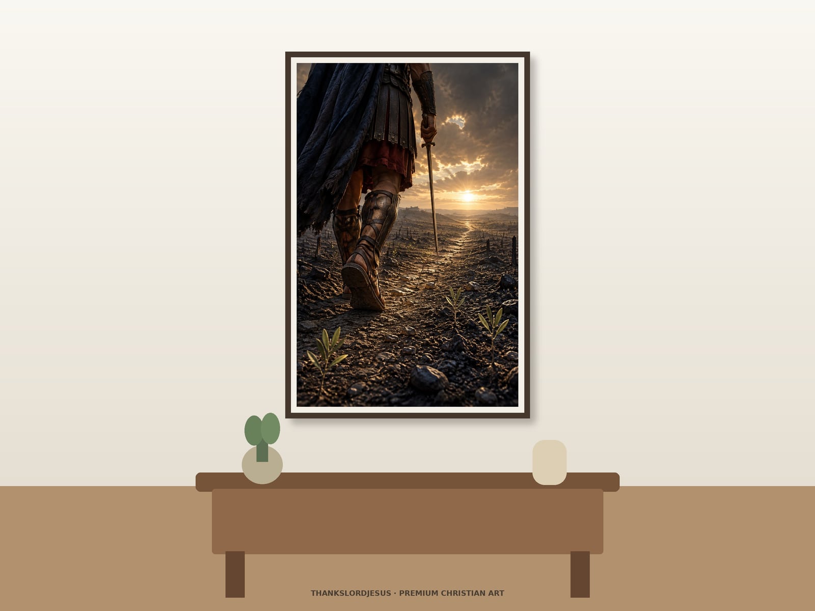 Clean airy hero mockup for Feet Shod With the Gospel of Peace; the large framed art shows low-angle view of armored sandaled feet walking through dark earth toward sunrise as small olive shoots emerge beside the path.