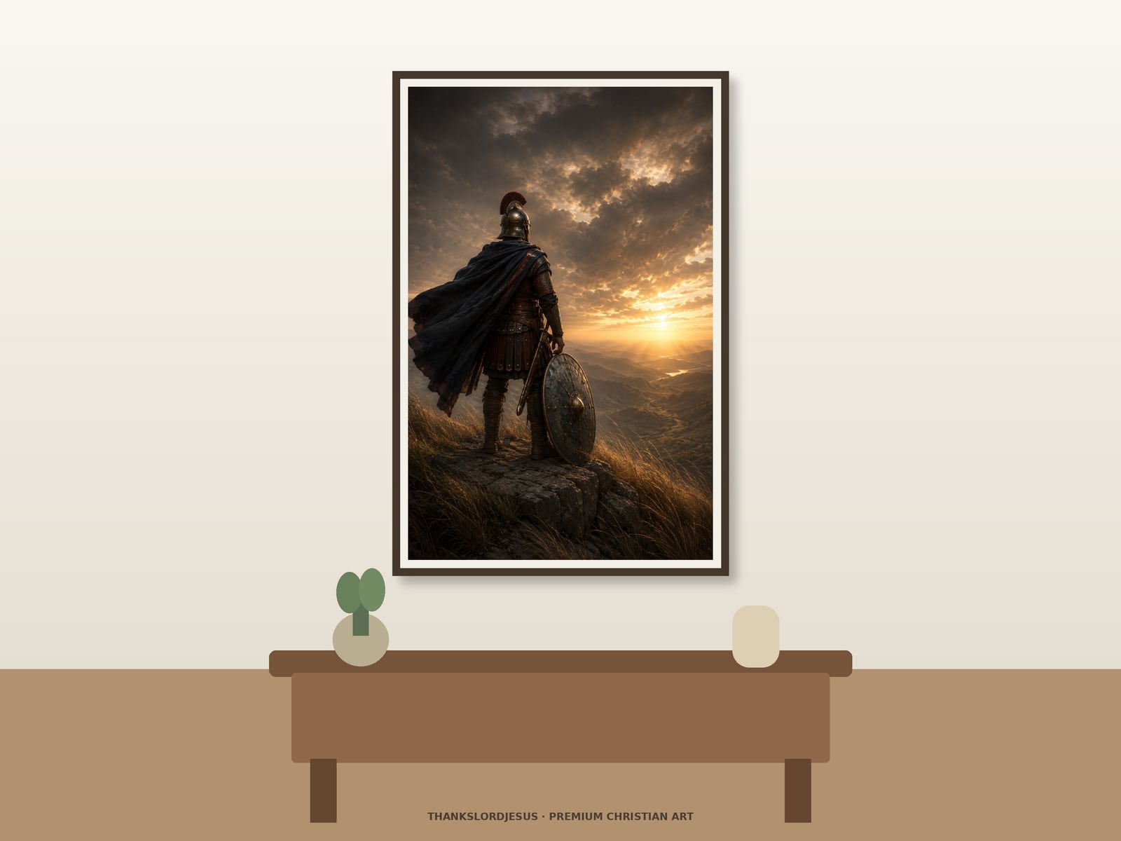 Clean airy hero mockup for Stand Firm – Ephesians 6; the large framed art shows rear-view warrior standing on a windswept cliff with shield grounded, sword lowered, cloak moving, storm clouds above, and golden horizon beyond.