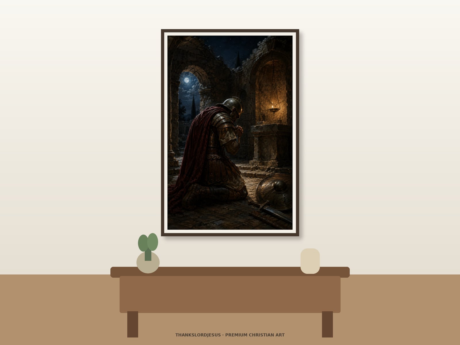 Clean airy hero mockup for Christian Warrior in Prayer; the large framed art shows fully armored warrior kneeling in prayer inside a ruined stone chapel at night with sword, shield, and helmet resting nearby.