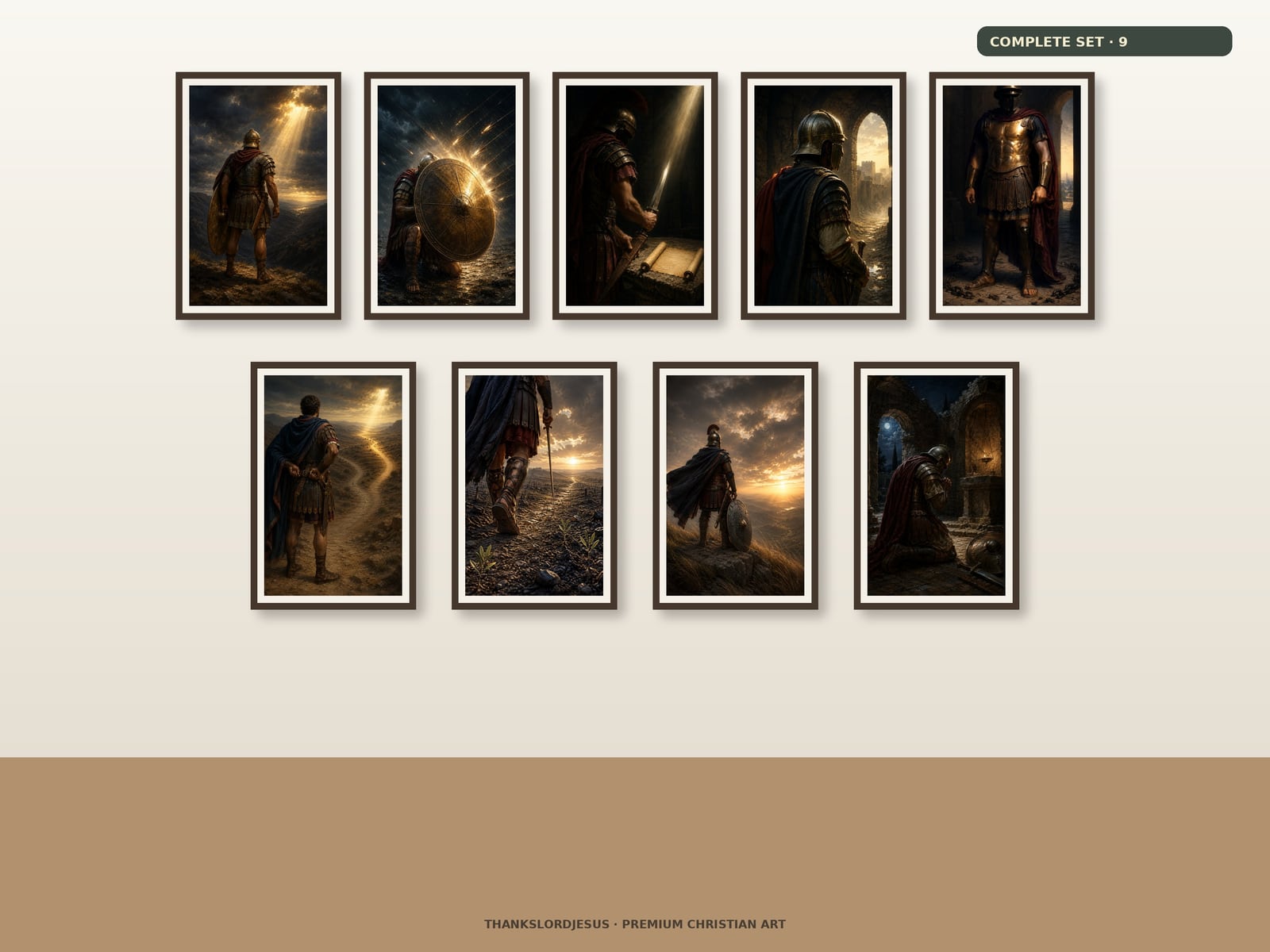 Armor of God Complete Collection Set of 9 — Armor of God Wall Art Clean airy hero gallery mockup for Armor of God Complete Collection Set of 9, with all 9 designs clearly visible as a coordinated framed Armor of God collection.