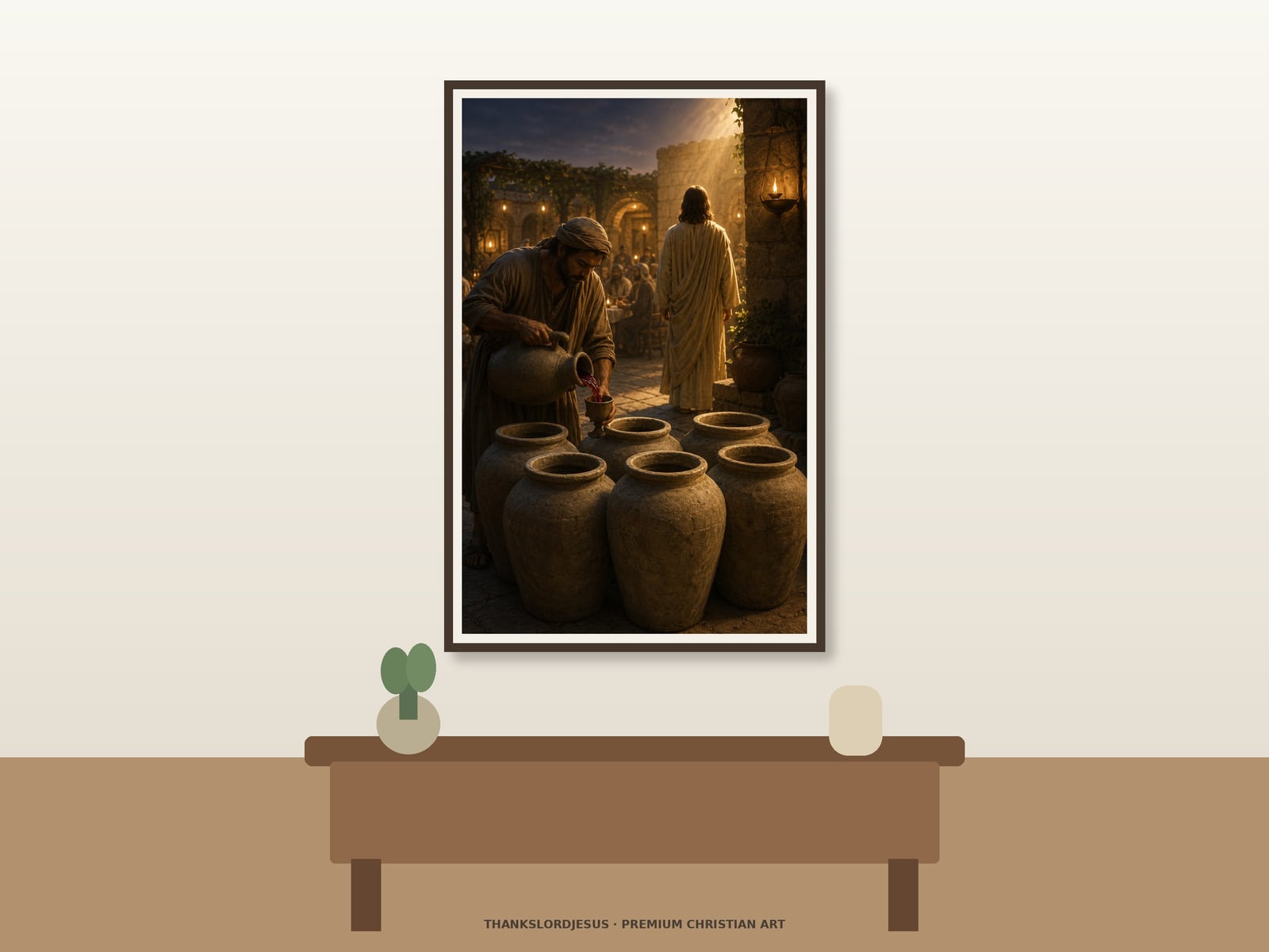 Clean airy hero mockup for Jesus Turns Water Into Wine; the large framed textless art shows six stone jars, a servant pouring wine, and Jesus from behind in a lantern-lit Cana courtyard.