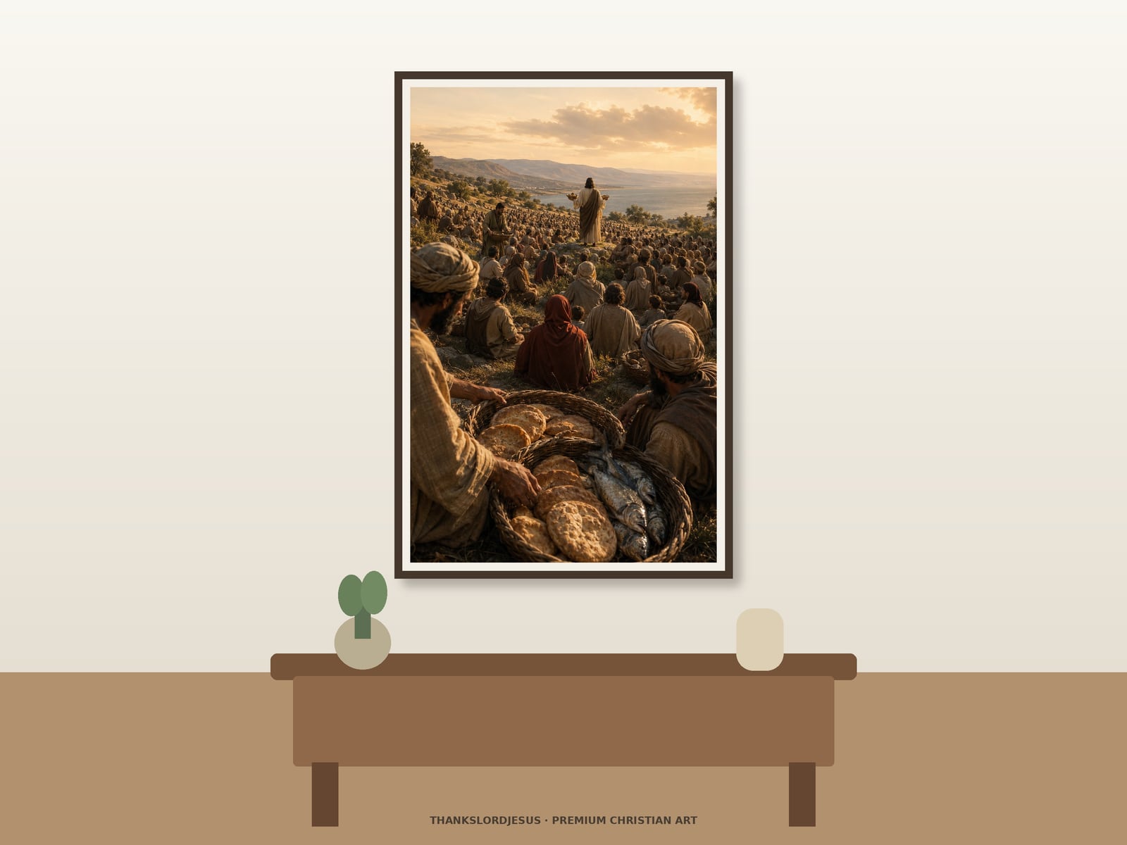 Clean airy hero mockup for Feeding the Five Thousand; the large framed textless art shows baskets of loaves and fish, a vast hillside crowd, and distant rear-view Jesus above the Sea of Galilee.