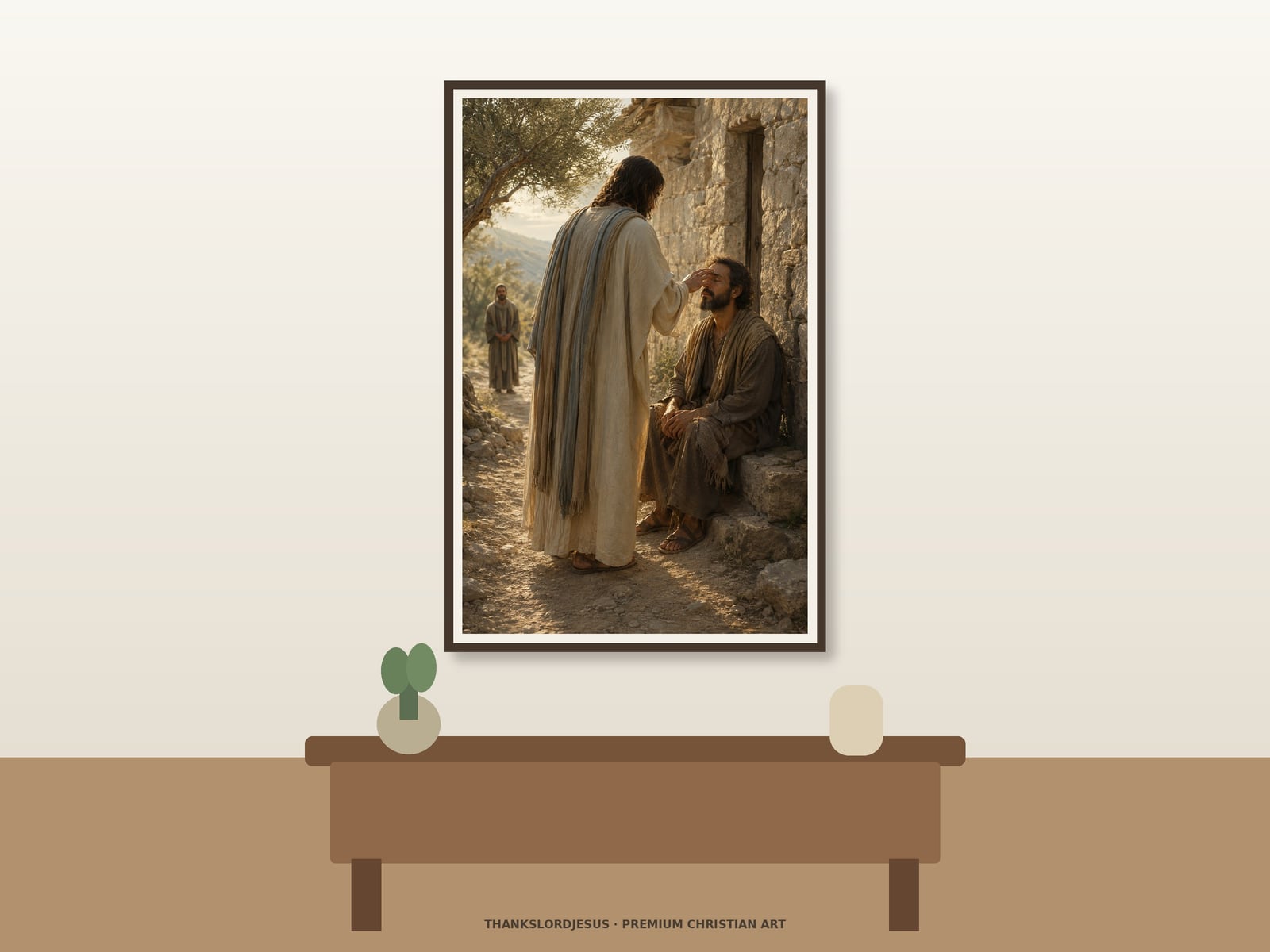 Clean airy hero mockup for Jesus Heals the Blind Man; the large framed textless art shows rear-view Jesus gently reaching toward a seated man with closed eyes beside an olive tree and stone home.