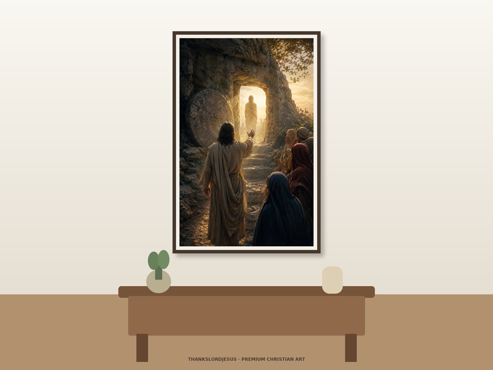 Clean airy hero mockup for Jesus Raises Lazarus; the large framed textless art shows rear-view Jesus raising one hand toward a luminous rock-cut tomb as Lazarus emerges and witnesses look on.