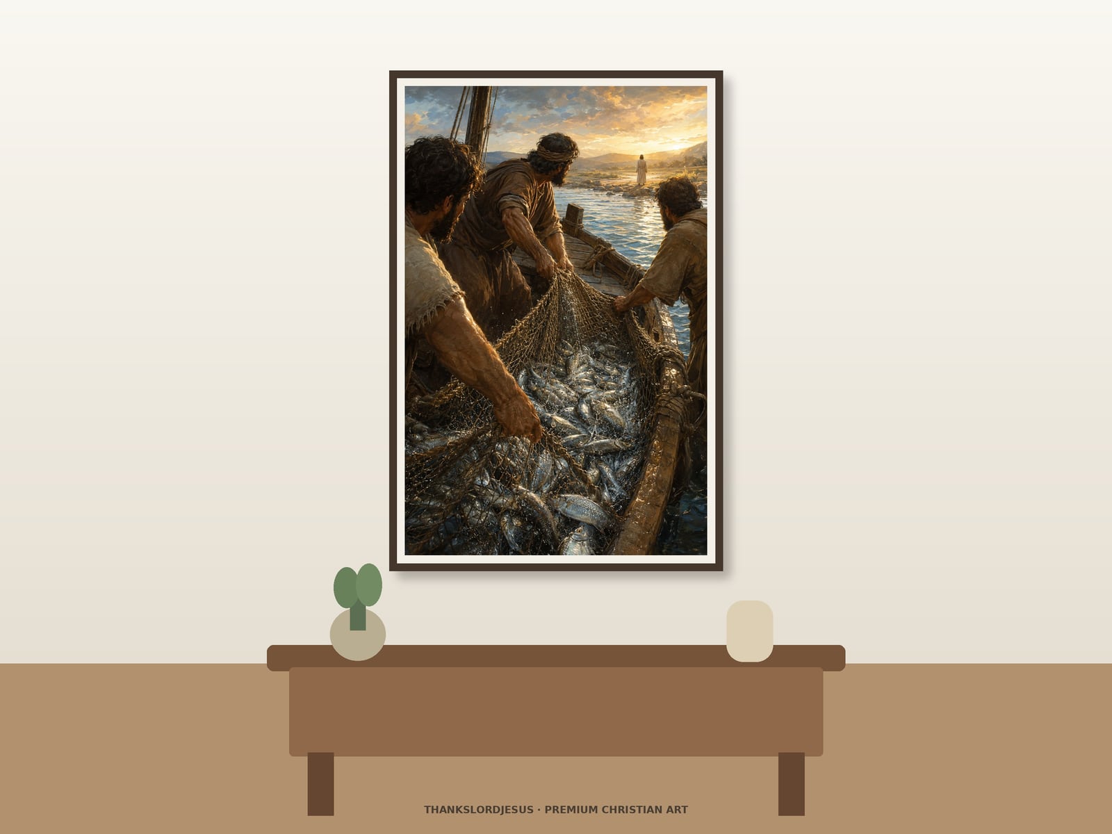 Clean airy hero mockup for Miraculous Catch of Fish; the large framed textless art shows fishermen hauling a net full of silver fish into a wooden boat as distant Jesus waits on a golden shore.
