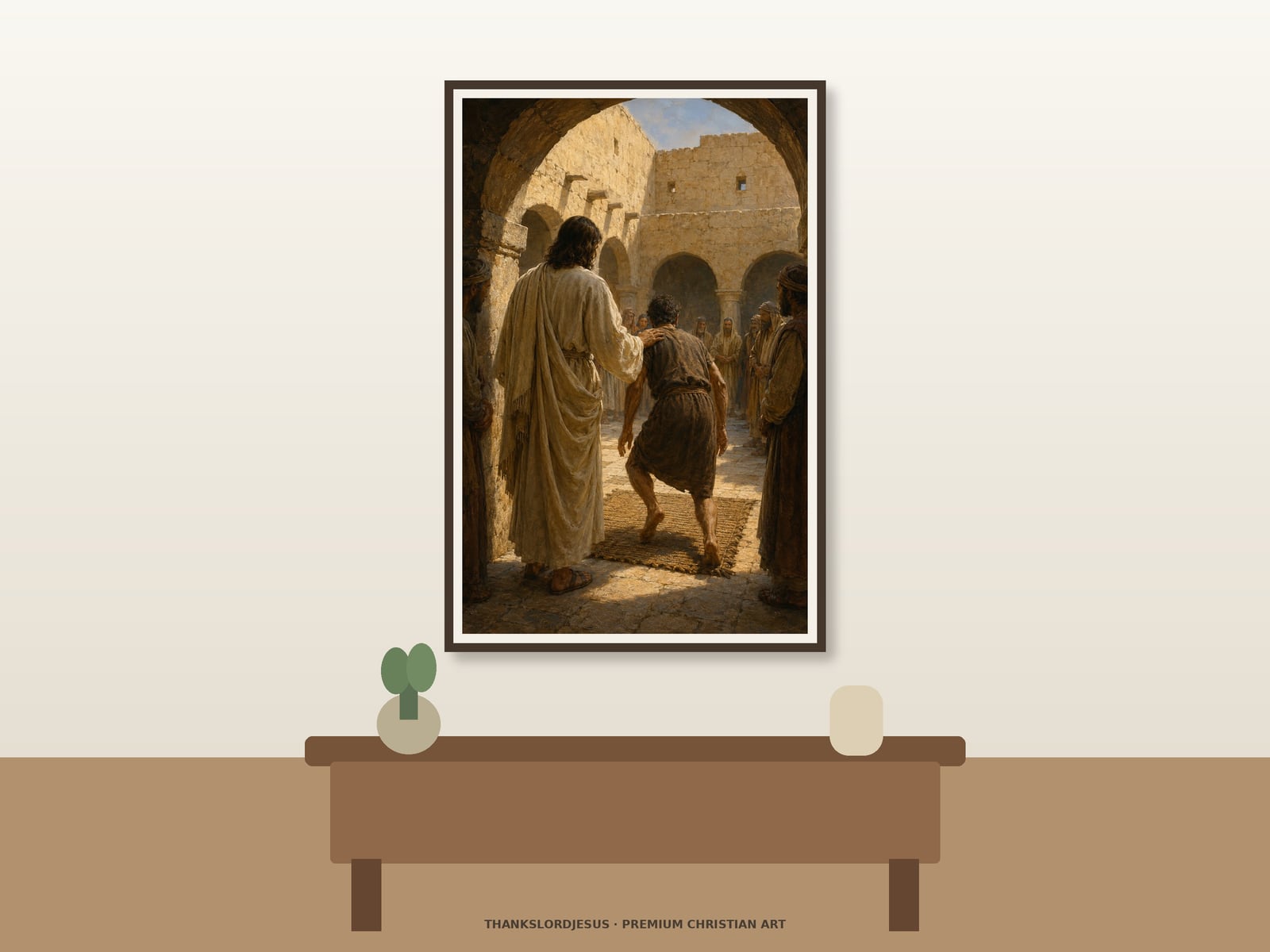 Clean airy hero mockup for Jesus Heals the Paralytic; the large framed textless art shows rear-view Jesus supporting a restored man who rises from a woven mat in a sunlit stone courtyard.