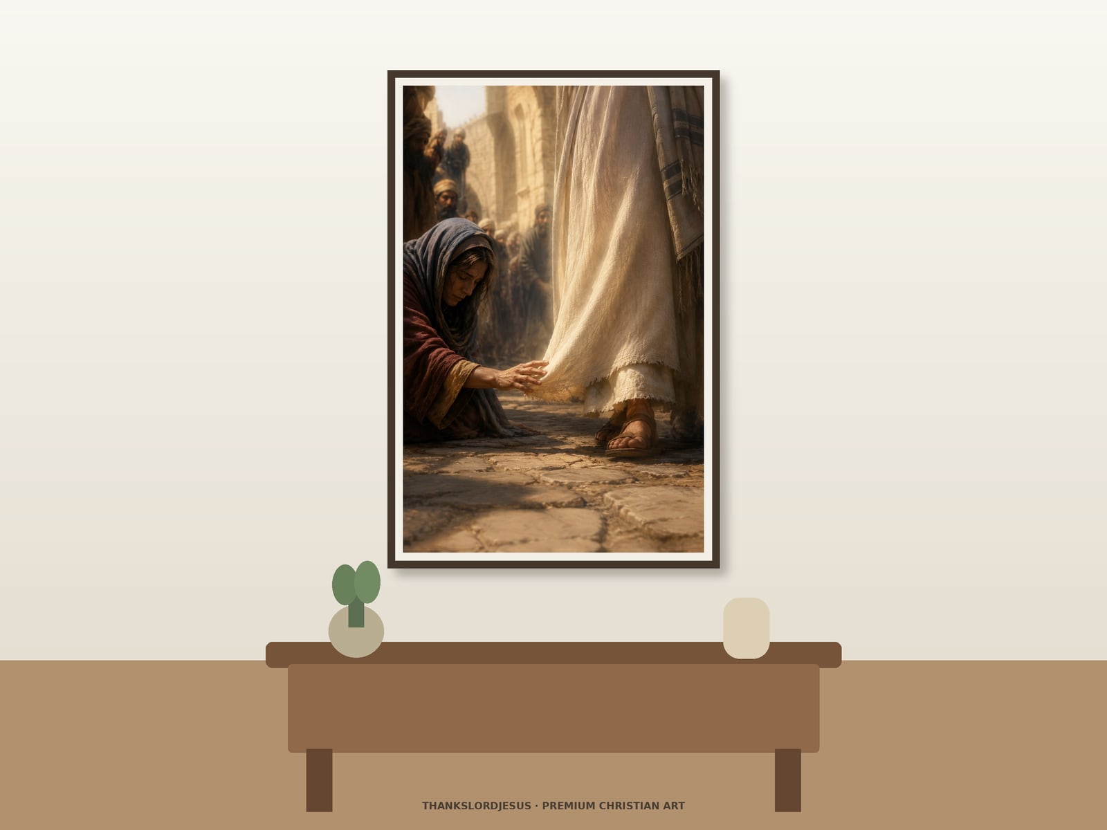 Clean airy hero mockup for Woman Touching Jesus' Garment; the large framed textless art shows a kneeling woman reaching for the hem of Jesus' white robe in a crowded stone street.
