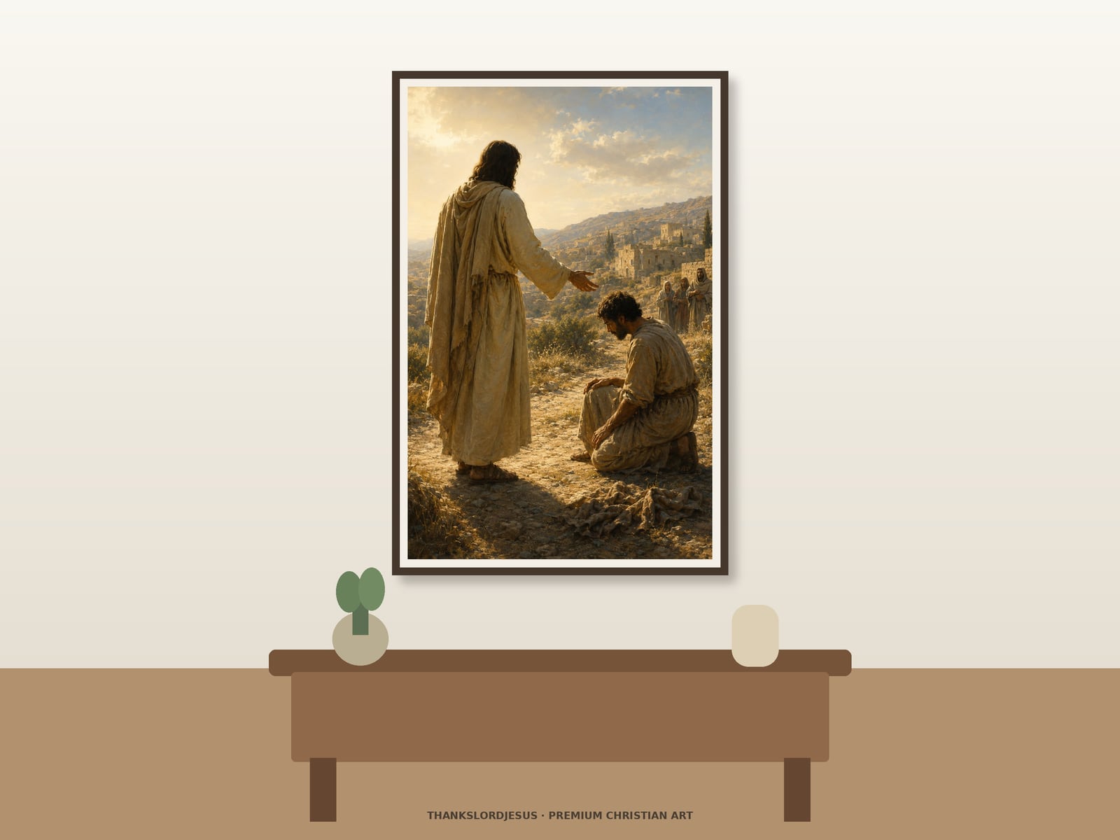 Clean airy hero mockup for Jesus Cleanses the Leper; the large framed textless art shows rear-view Jesus extending a hand toward a healthy kneeling man on a golden hillside above a stone village.