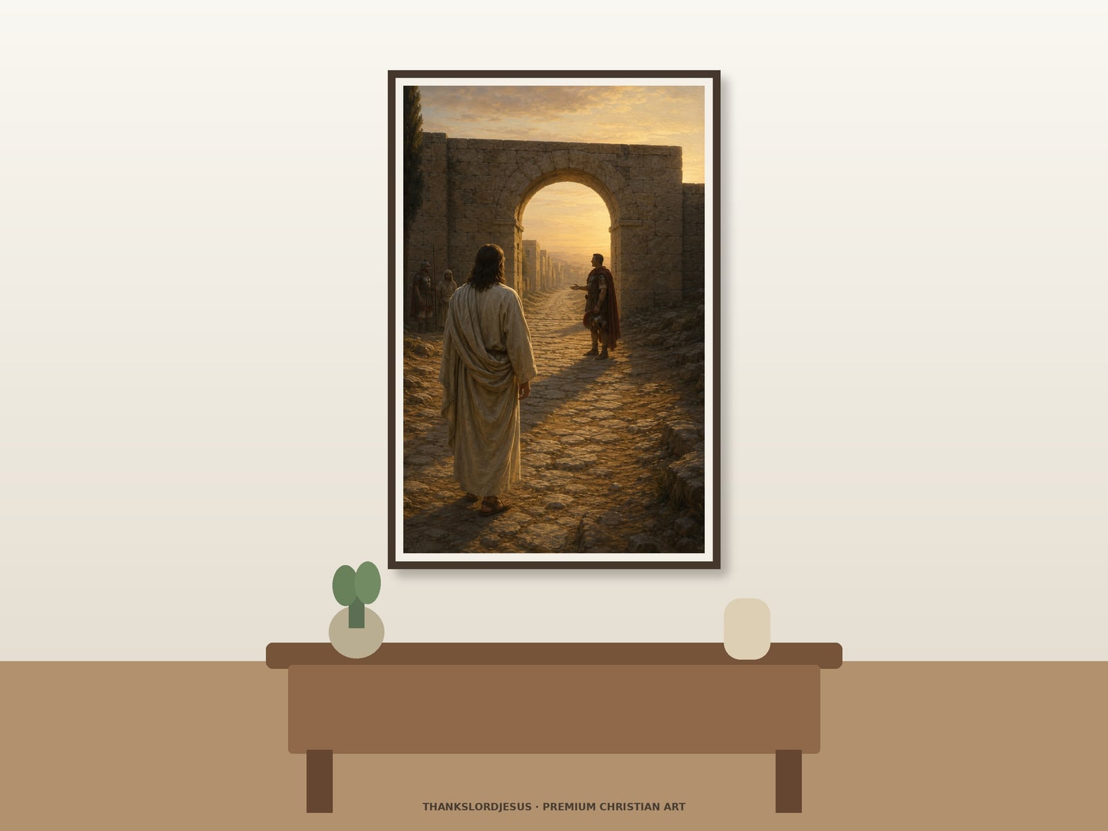 Clean airy hero mockup for Jesus and the Centurion's Faith; the large framed textless art shows rear-view Jesus facing a respectful Roman centurion beneath a round stone arch at sunrise.