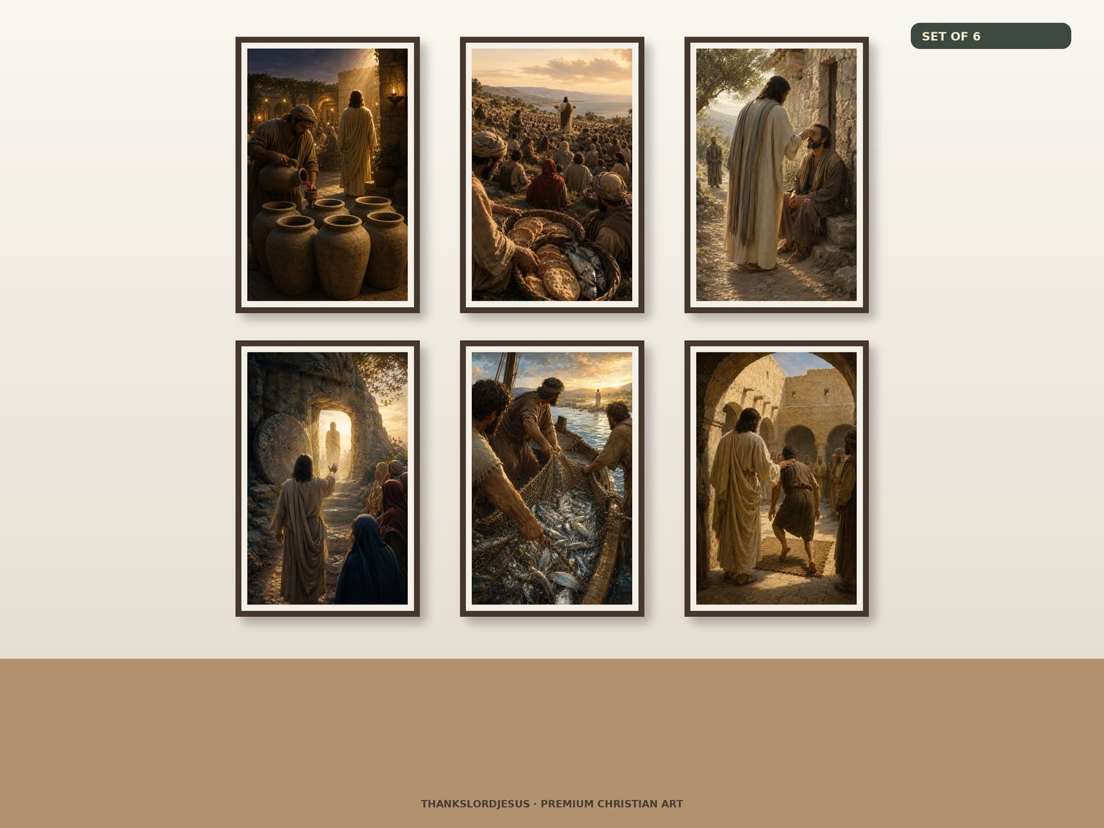 Miracles of Jesus Essential Set of 6 — Miracles of Jesus Art Clean airy hero gallery mockup for Miracles of Jesus Essential Set of 6, with all 6 framed Gospel scenes clearly visible as a coordinated premium Christian collection.