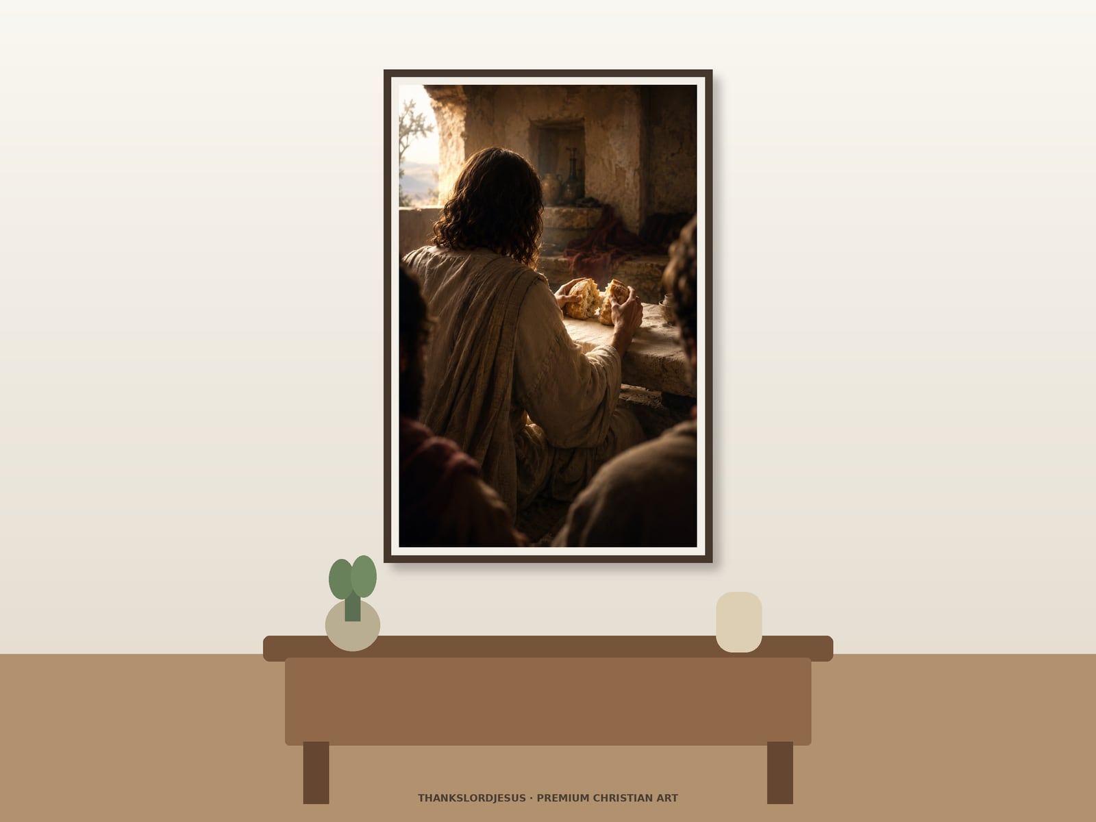 I Am the Bread of Life — Seven I AM Jesus Art Clean airy hero mockup for I Am the Bread of Life; the large framed textless art shows rear-view Jesus breaking bread at a linen-covered stone table, with restrained vessels, warm dawn light, and no printed text.