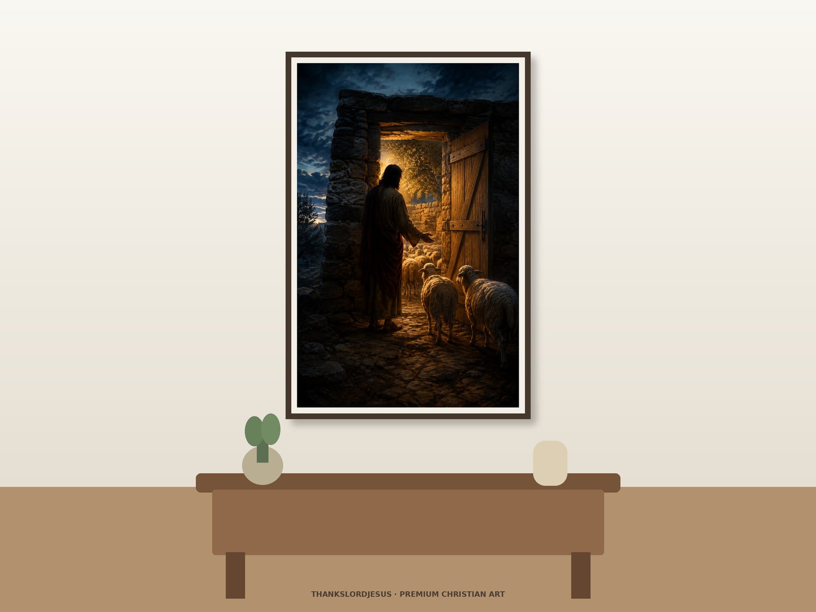 I Am the Door — Seven I AM Jesus Art Clean airy hero mockup for I Am the Door; the large framed textless art shows open wooden sheepfold gate in dry-stone walls, side-back Jesus inviting sheep inward, and warm light beyond the threshold.