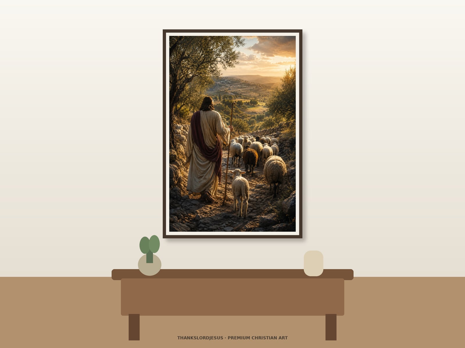 I Am the Good Shepherd — Seven I AM Jesus Art Clean airy hero mockup for I Am the Good Shepherd; the large framed textless art shows rear-view Jesus with one shepherd staff, a lamb close beside Him, and a natural flock moving through an olive-lined stone pass.