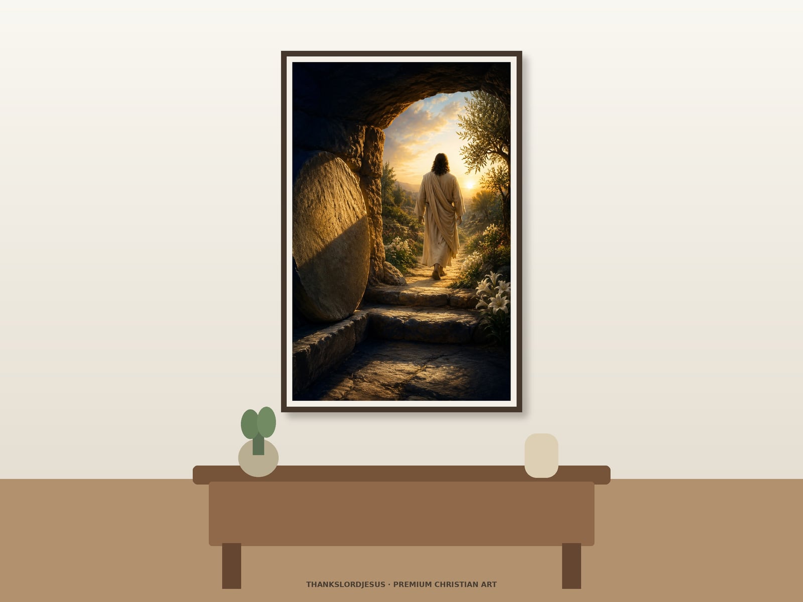 Clean airy hero mockup for I Am the Resurrection and the Life; the large framed textless art shows shadowed rock-cut tomb opening, rolled-away round stone, lilies, olive foliage, and rear-view Jesus walking into resurrection dawn.