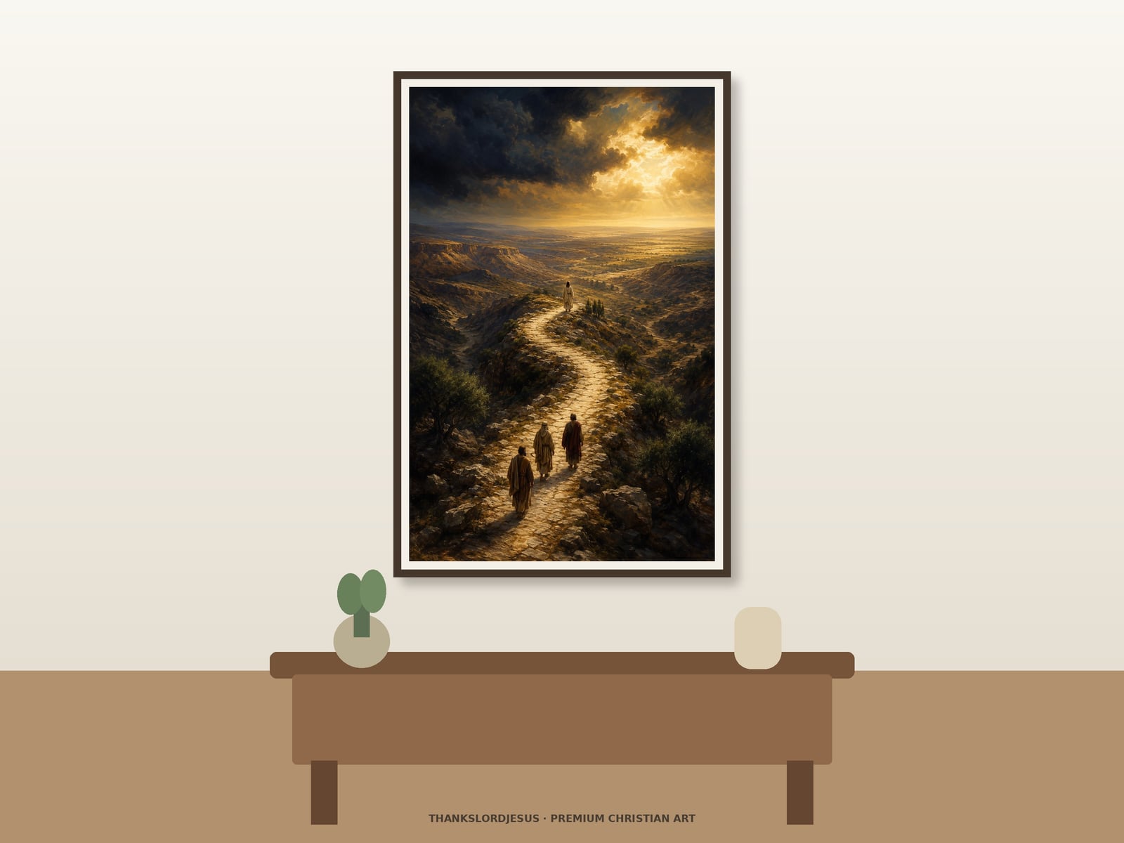 Clean airy hero mockup for I Am the Way, the Truth and the Life; the large framed textless art shows one dominant stone path across an elevated Judean landscape, three followers below, and distant rear-view Jesus at a luminous horizon.