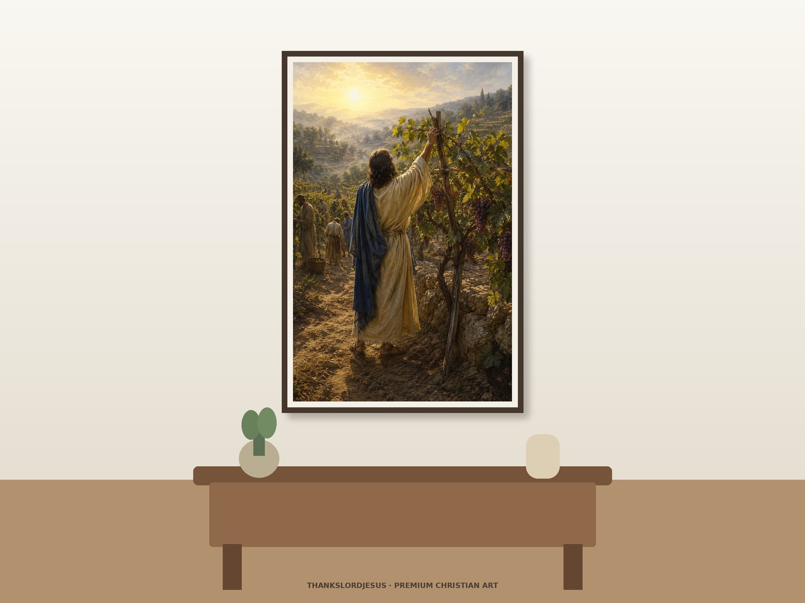 I Am the True Vine — Seven I AM Jesus Art Clean airy hero mockup for I Am the True Vine; the large framed textless art shows rear-view Jesus tending a living grapevine, natural burgundy clusters and leaves, wooden support, distant vineyard workers, and golden harvest light.