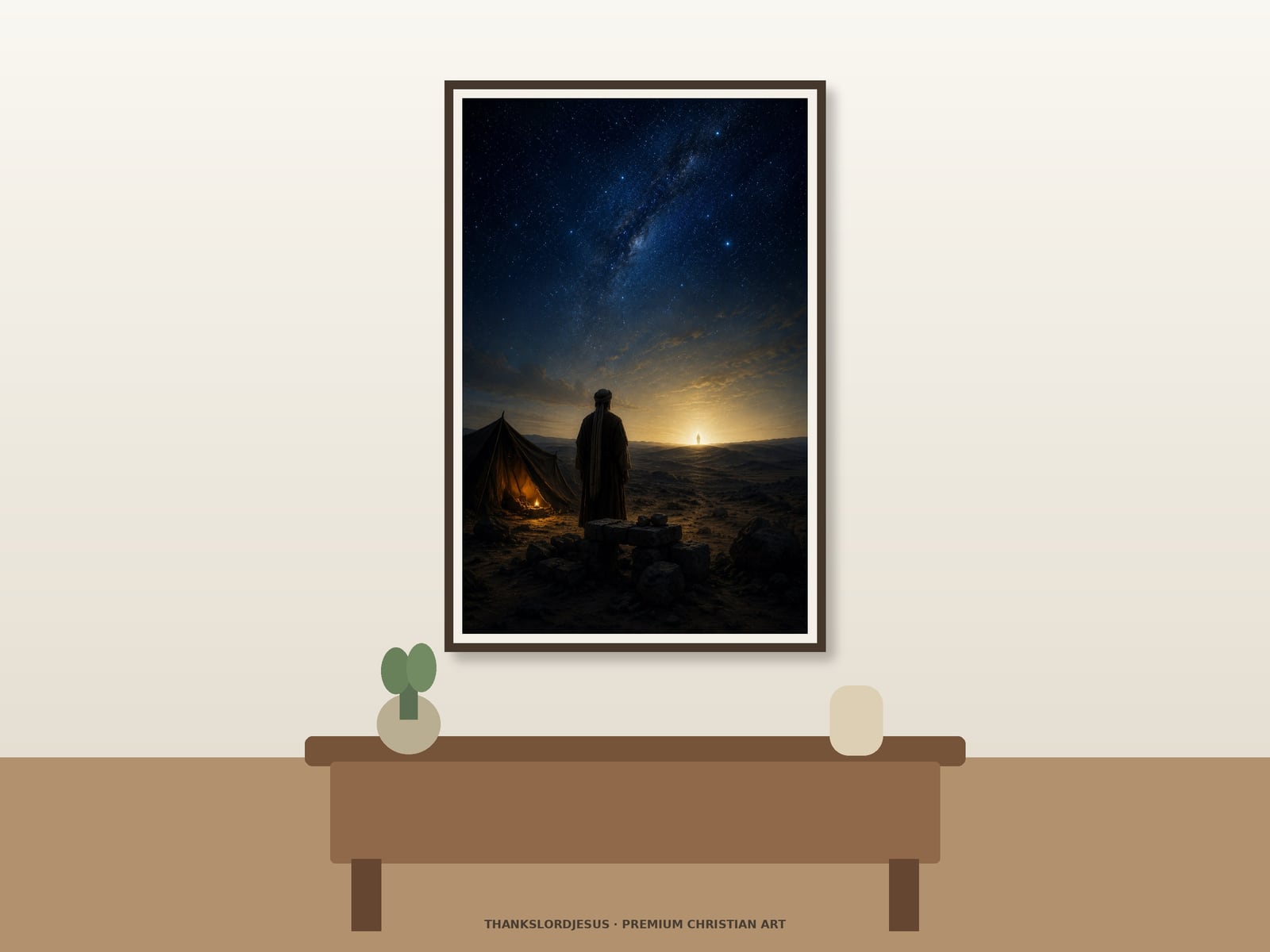 Before Abraham Was I Am — Seven I AM Jesus Art Clean airy hero mockup for Before Abraham Was, I Am; the large framed textless art shows vast star-filled desert night, small rear-view patriarch, simple tent and fire, unmarked altar stones, and one restrained distant figure on the horizon.