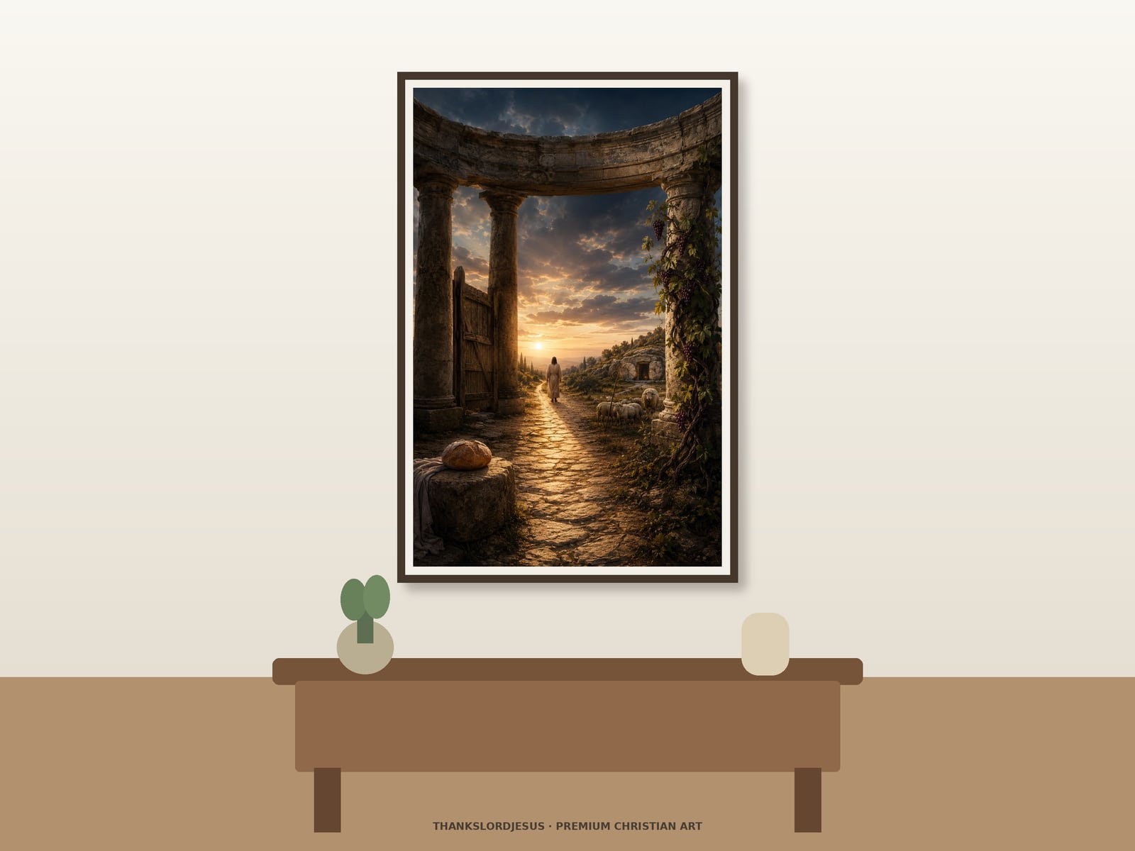 Complete I AM Signature Artwork — Seven I AM Jesus Art Clean airy hero mockup for Complete I AM Signature Artwork; the large framed textless art shows ruined circular colonnade at dawn with distant rear-view Jesus and integrated bread, light, gate, sheep, staff, tomb, path, and grapevine motifs.