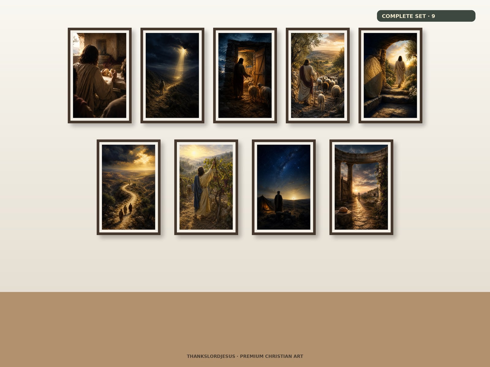 Seven I AM Complete Collection Set of 9 — Seven I AM Jesus Art Clean airy hero gallery mockup for Seven I AM Complete Collection Set of 9, with all 9 framed designs clearly visible in a spacious premium wall arrangement.