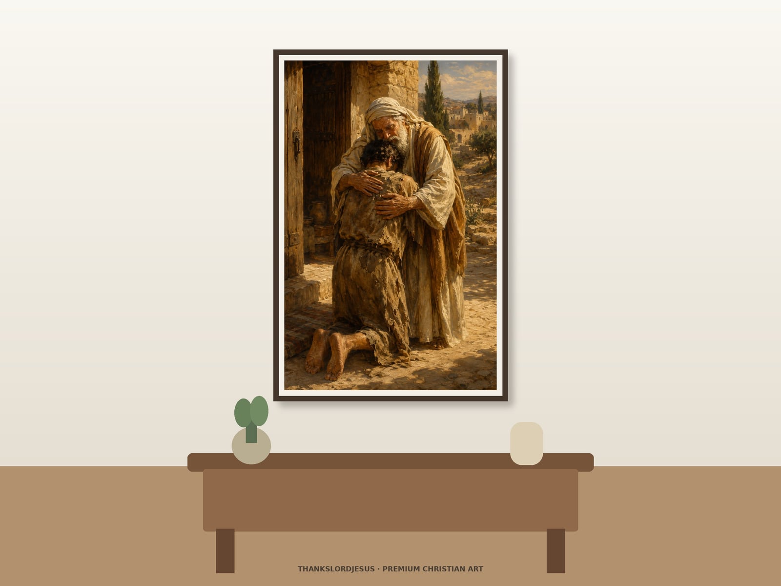 The Prodigal Son Returns Home — Parables of Jesus Art Clean airy hero mockup for The Prodigal Son Returns Home, with the large framed artwork showing an aged father running to embrace his returning son at the warm threshold of a stone home on a premium neutral wall.