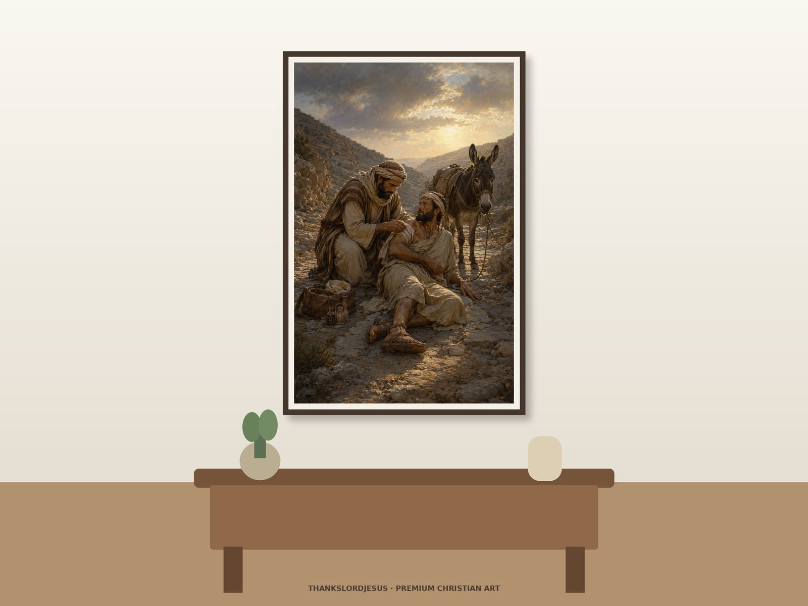 The Good Samaritan — Parables of Jesus Art Clean airy hero mockup for The Good Samaritan, with the large framed artwork showing a compassionate traveler kneeling beside a wounded stranger on a rugged desert road while his donkey waits nearby on a premium neutral wall.