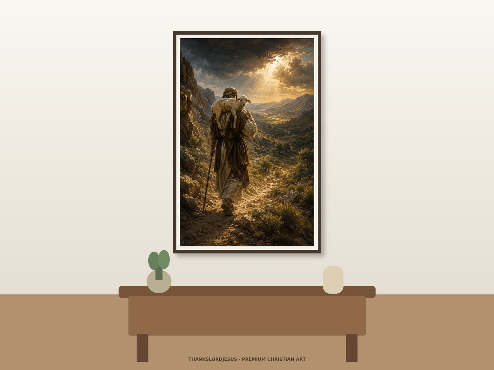 The Lost Sheep — Parables of Jesus Art Clean airy hero mockup for The Lost Sheep, with the large framed artwork showing a distant rear-view shepherd carrying a rescued lamb home through a luminous mountain valley on a premium neutral wall.