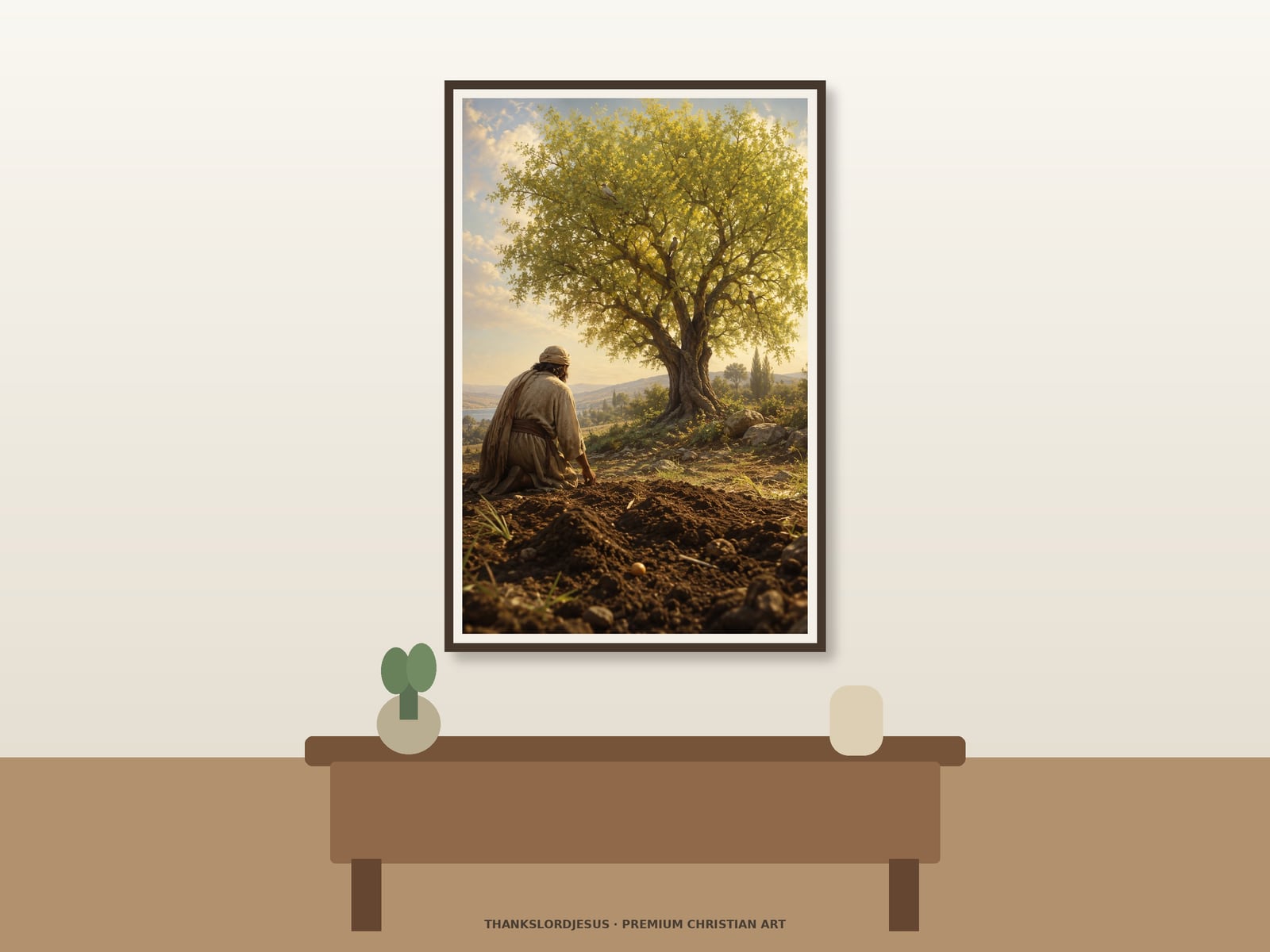 The Mustard Seed — Parables of Jesus Art Clean airy hero mockup for The Mustard Seed, with the large framed artwork showing a tiny mustard seed held above soil with a mature sheltering tree glowing in the distance on a premium neutral wall.
