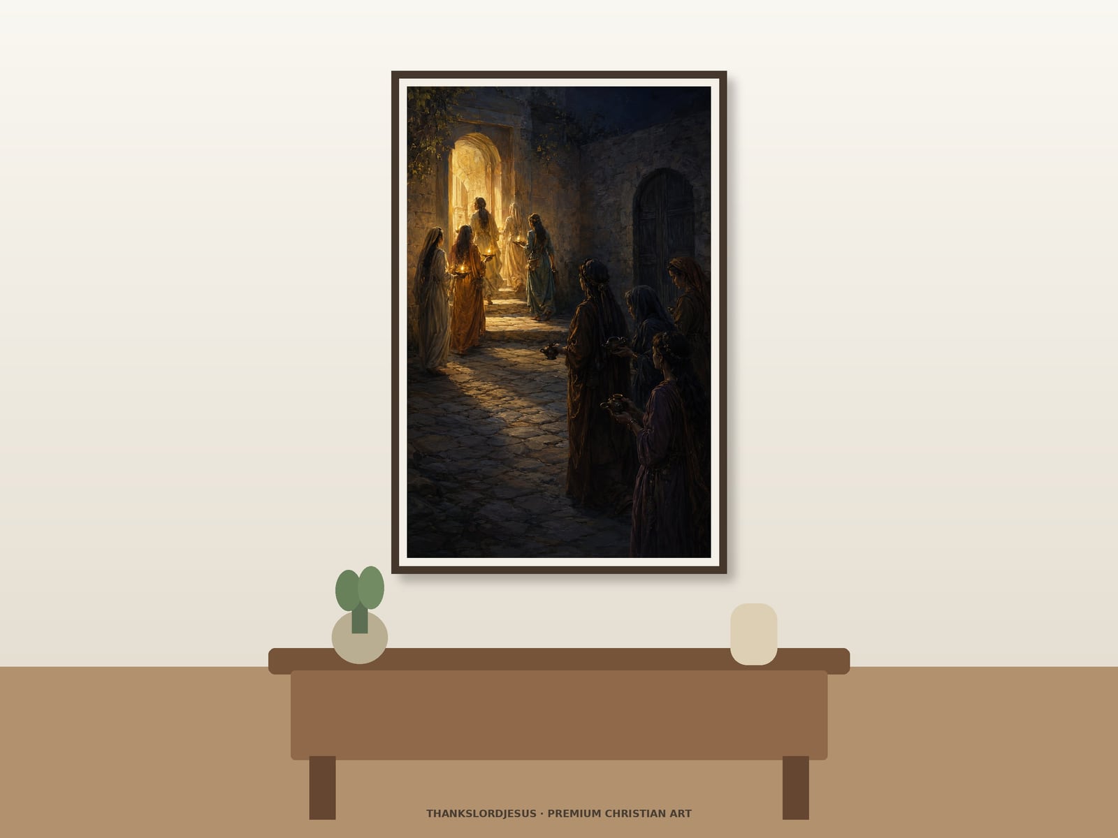 The Wise and Foolish Virgins — Parables of Jesus Art Clean airy hero mockup for The Wise and Foolish Virgins, with the large framed artwork showing a moonlit biblical courtyard contrasting bright prepared oil lamps with extinguished lamps in shadow on a premium neutral wall.