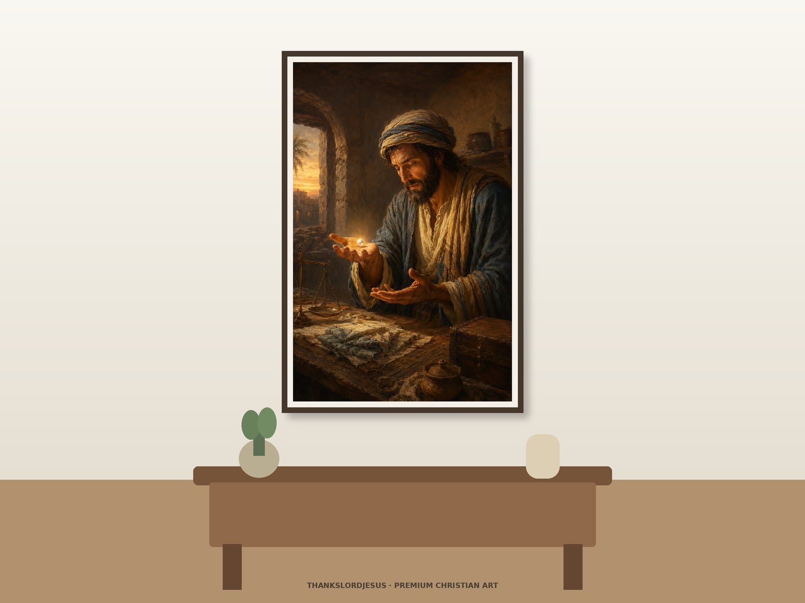 The Pearl of Great Price — Parables of Jesus Art Clean airy hero mockup for The Pearl of Great Price, with the large framed artwork showing a discerning merchant holding one luminous pearl in a refined lamplit market interior on a premium neutral wall.