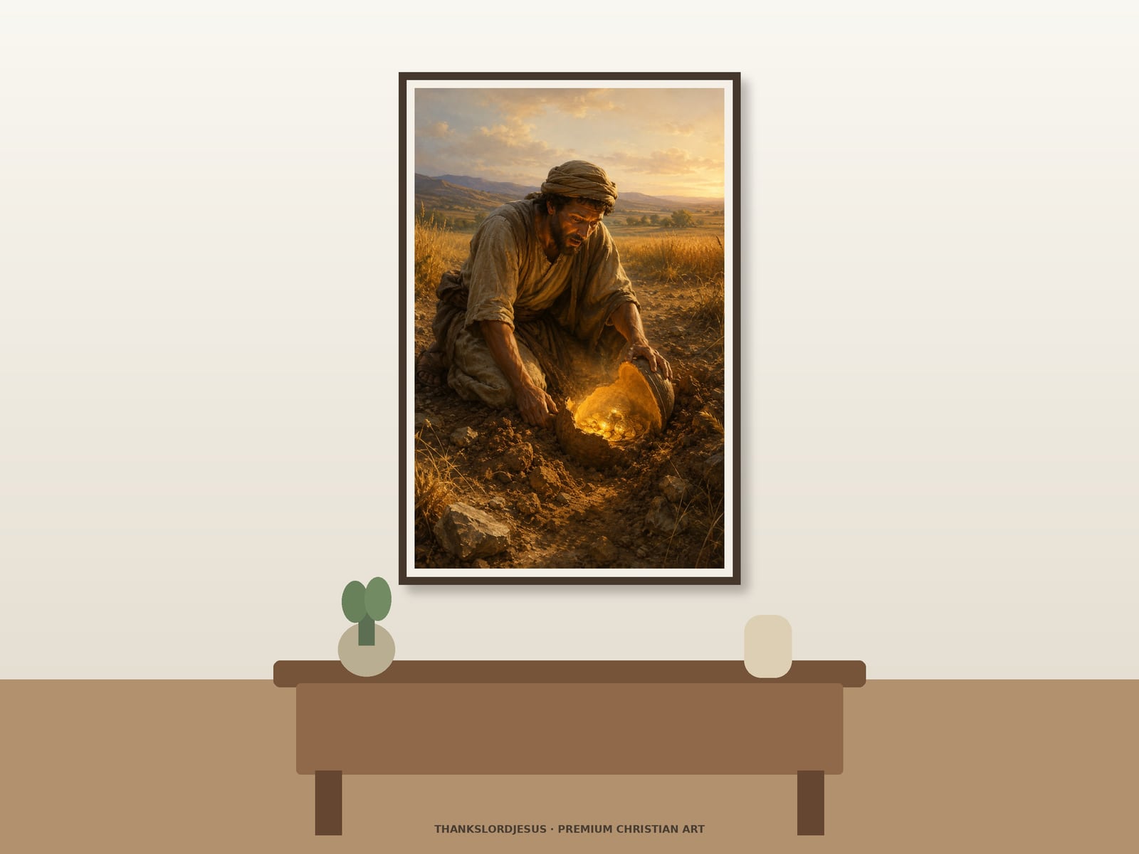 The Hidden Treasure — Parables of Jesus Art Clean airy hero mockup for The Hidden Treasure, with the large framed artwork showing a field worker discovering a buried clay chest as golden light breaks across the earth on a premium neutral wall.