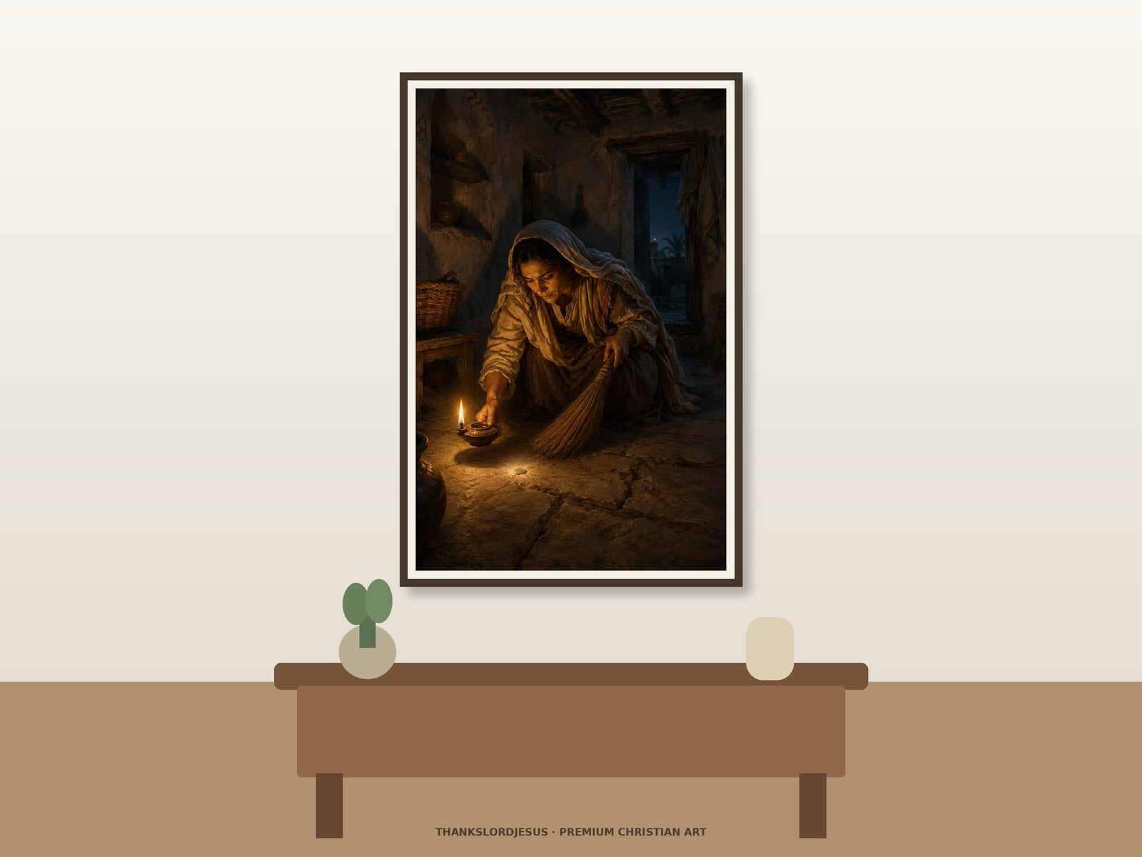 The Lost Coin — Parables of Jesus Art Clean airy hero mockup for The Lost Coin, with the large framed artwork showing a biblical woman searching a quiet stone home by warm oil-lamp light and finding a small silver coin on a premium neutral wall.