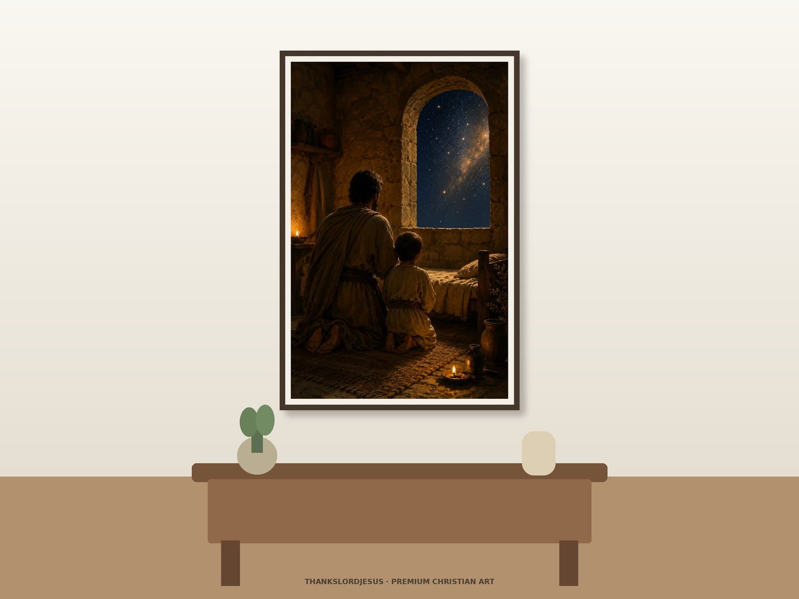 Our Father in Heaven — Lord’s Prayer Wall Art Clean airy hero mockup for Our Father in Heaven, with the large framed artwork showing an adult and child kneeling together in a humble stone home, gazing through an arched window toward a star-filled heaven on a premium neutral wall.