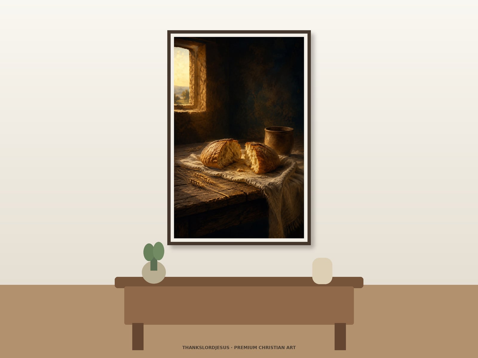 Give Us This Day Our Daily Bread — Lord’s Prayer Wall Art Clean airy hero mockup for Give Us This Day Our Daily Bread, with the large framed artwork showing a rustic loaf broken on a simple cloth beside a clay cup as morning light enters an ancient stone room on a premium neutral wall.